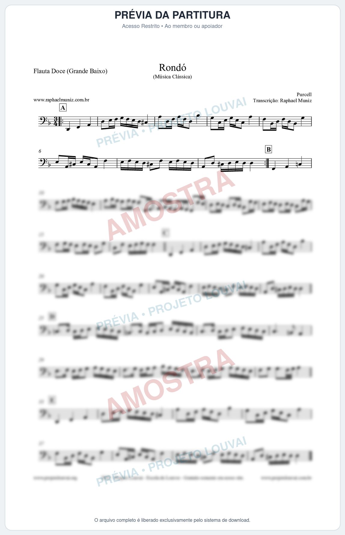 Prévia protegida da primeira página da partitura Partitura para Flauta Doce (Grande Baixo) - Rondó em Ré menor - Purcell - Músicas Eruditas