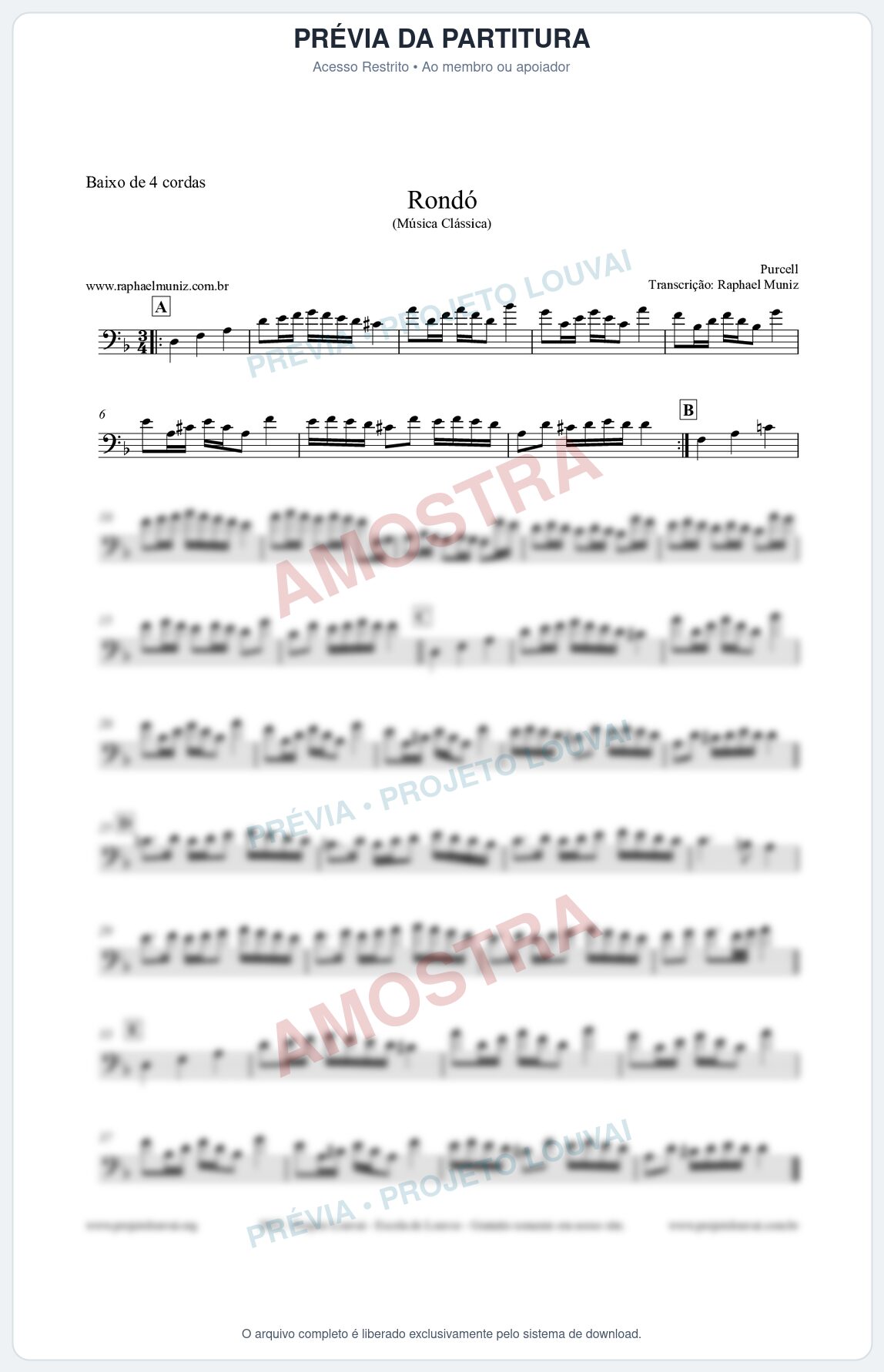 Prévia protegida da primeira página da partitura Partitura para Baixo de 4 cordas - Rondó em Ré menor - Purcell - Músicas Eruditas