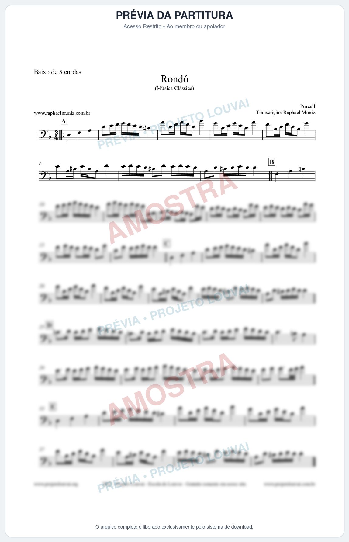 Prévia protegida da primeira página da partitura Partitura para Baixo de 5 cordas - Rondó em Ré menor - Purcell - Músicas Eruditas