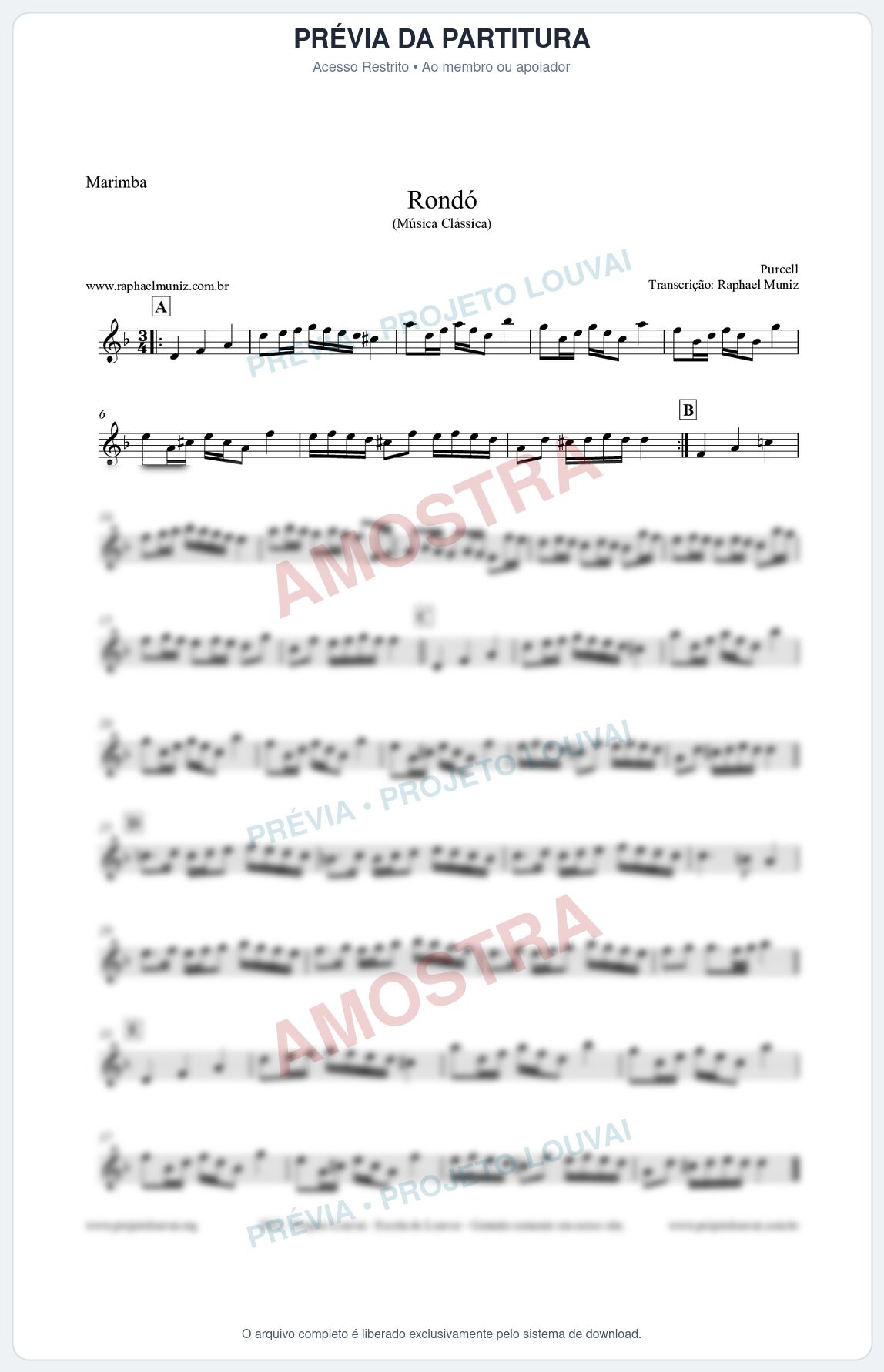 Prévia protegida da primeira página da partitura Partitura para Marimba - Rondó em Ré menor - Purcell - Músicas Eruditas