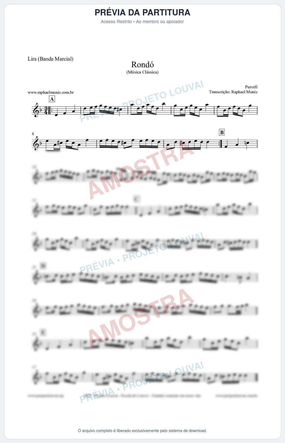 Prévia protegida da primeira página da partitura Partitura para Lira (Banda Marcial) - Rondó em Ré menor - Purcell - Músicas Eruditas