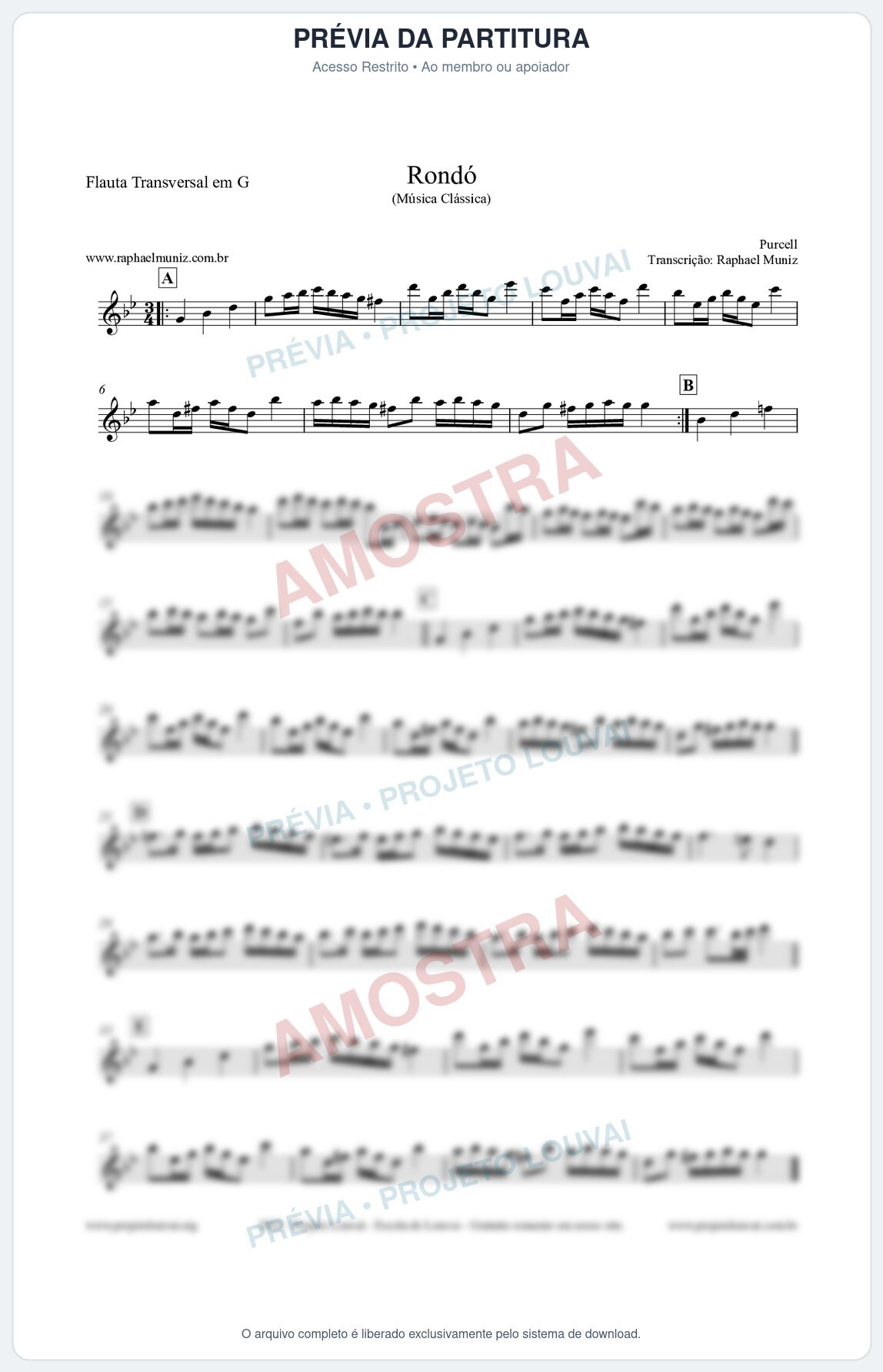 Prévia protegida da primeira página da partitura Partitura para Flauta Transversal em G - Rondó em Ré menor - Purcell - Músicas Eruditas