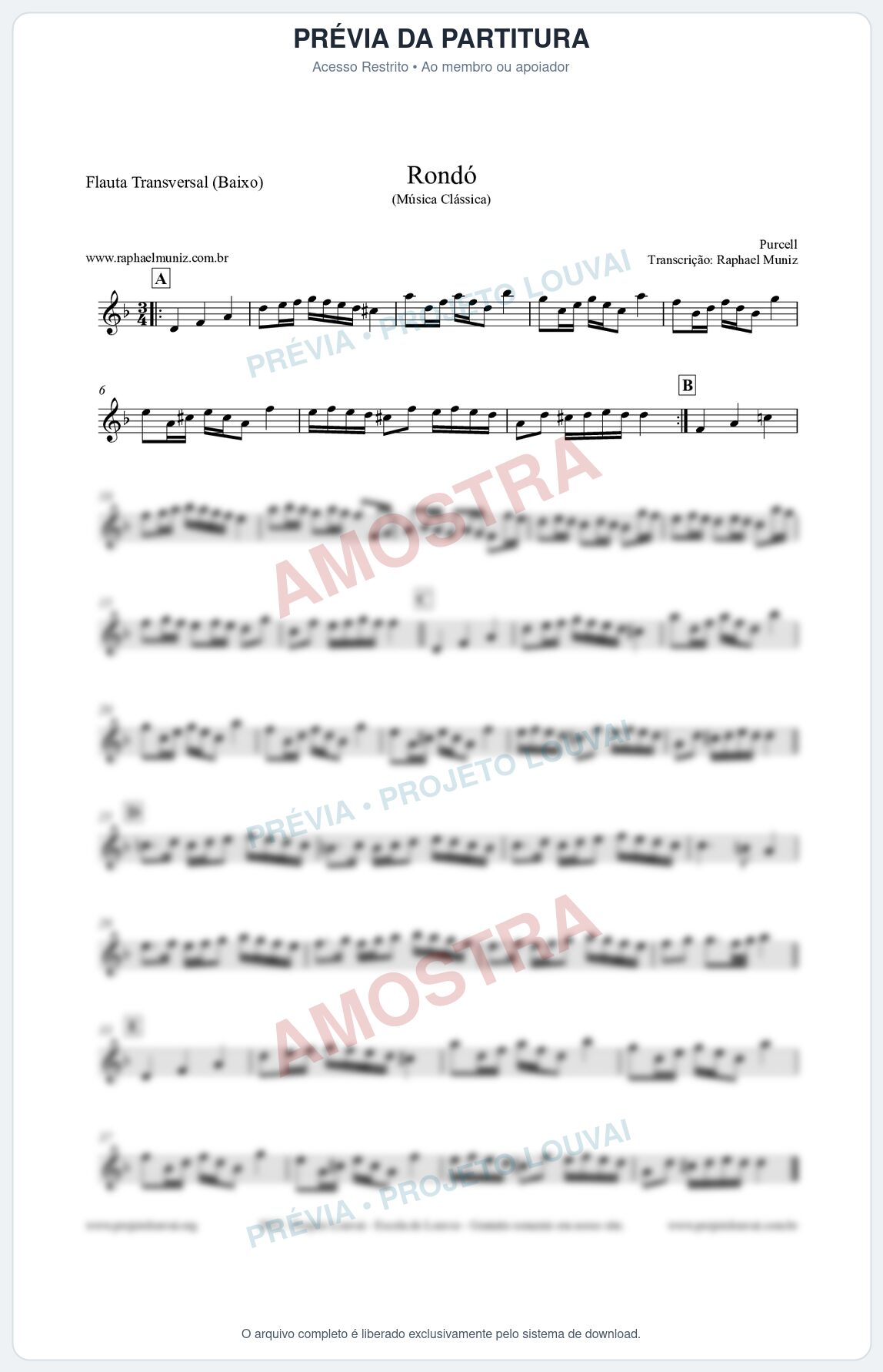 Prévia protegida da primeira página da partitura Partitura para Flauta Transversal (Baixo) - Rondó em Ré menor - Purcell - Músicas Eruditas