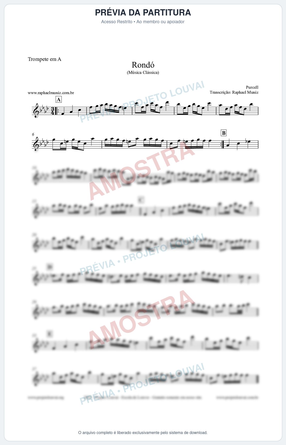 Prévia protegida da primeira página da partitura Partitura para Trompete em A - Rondó em Ré menor - Purcell - Músicas Eruditas