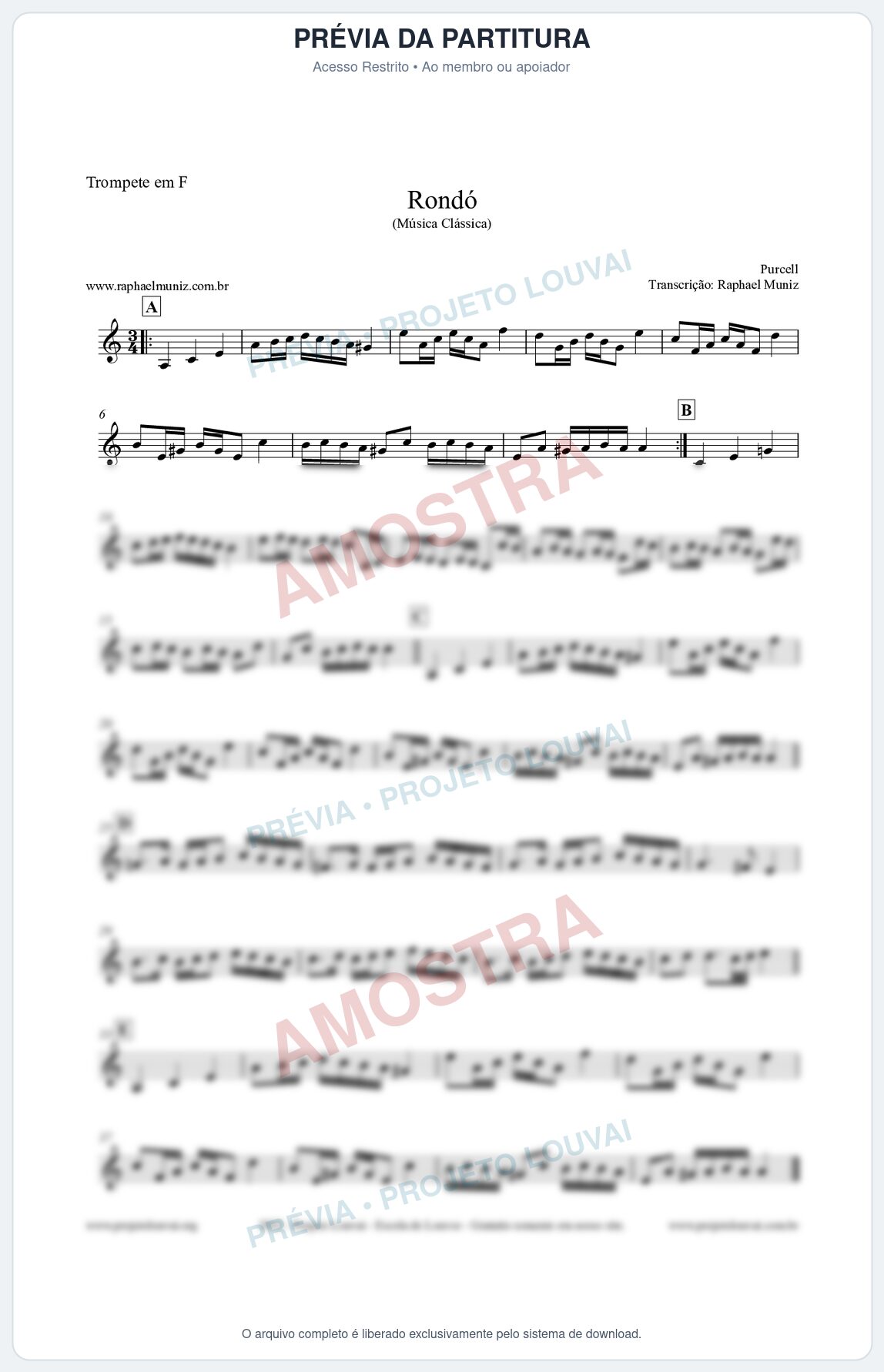 Prévia protegida da primeira página da partitura Partitura para Trompete em F - Rondó em Ré menor - Purcell - Músicas Eruditas