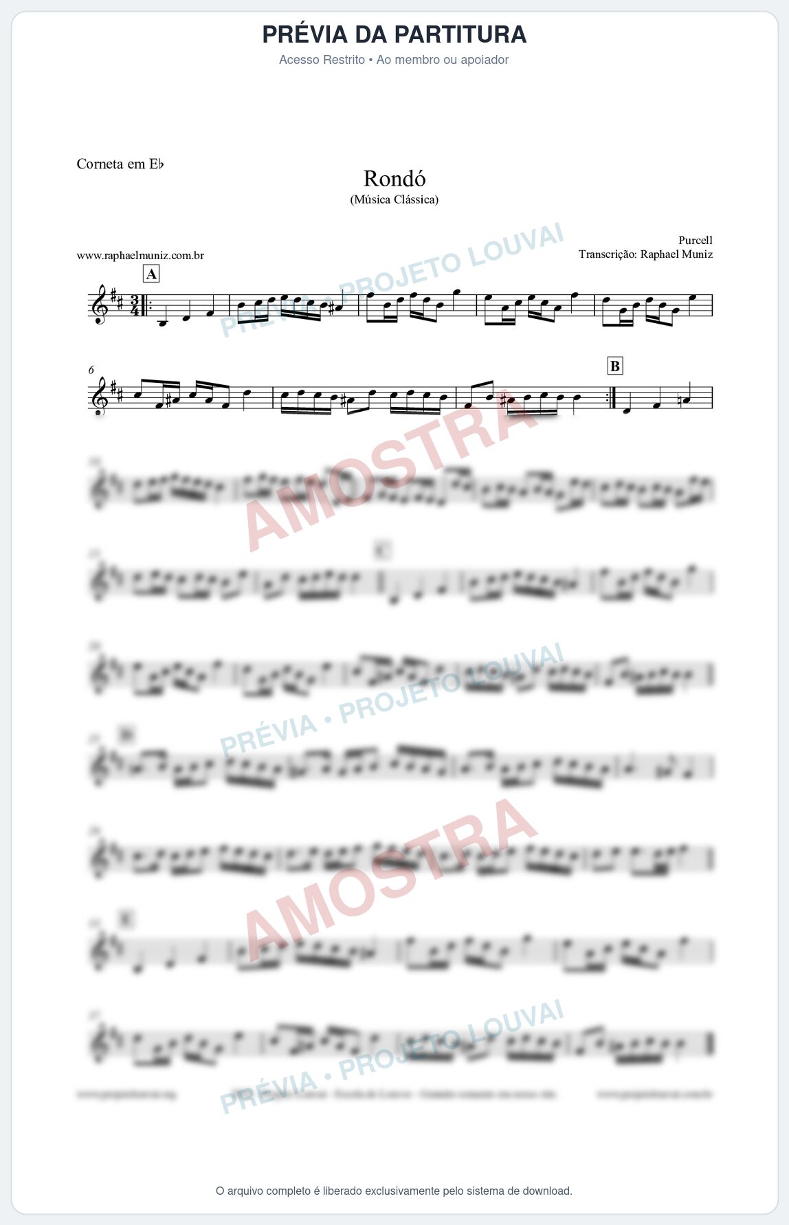 Prévia protegida da primeira página da partitura Partitura para Corneta em Eb - Rondó em Ré menor - Purcell - Músicas Eruditas