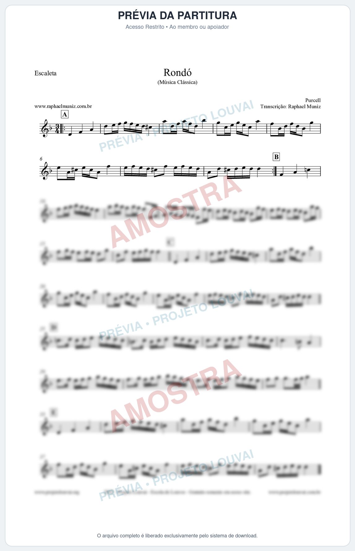 Prévia protegida da primeira página da partitura Partitura para Escaleta - Rondó em Ré menor - Purcell - Músicas Eruditas