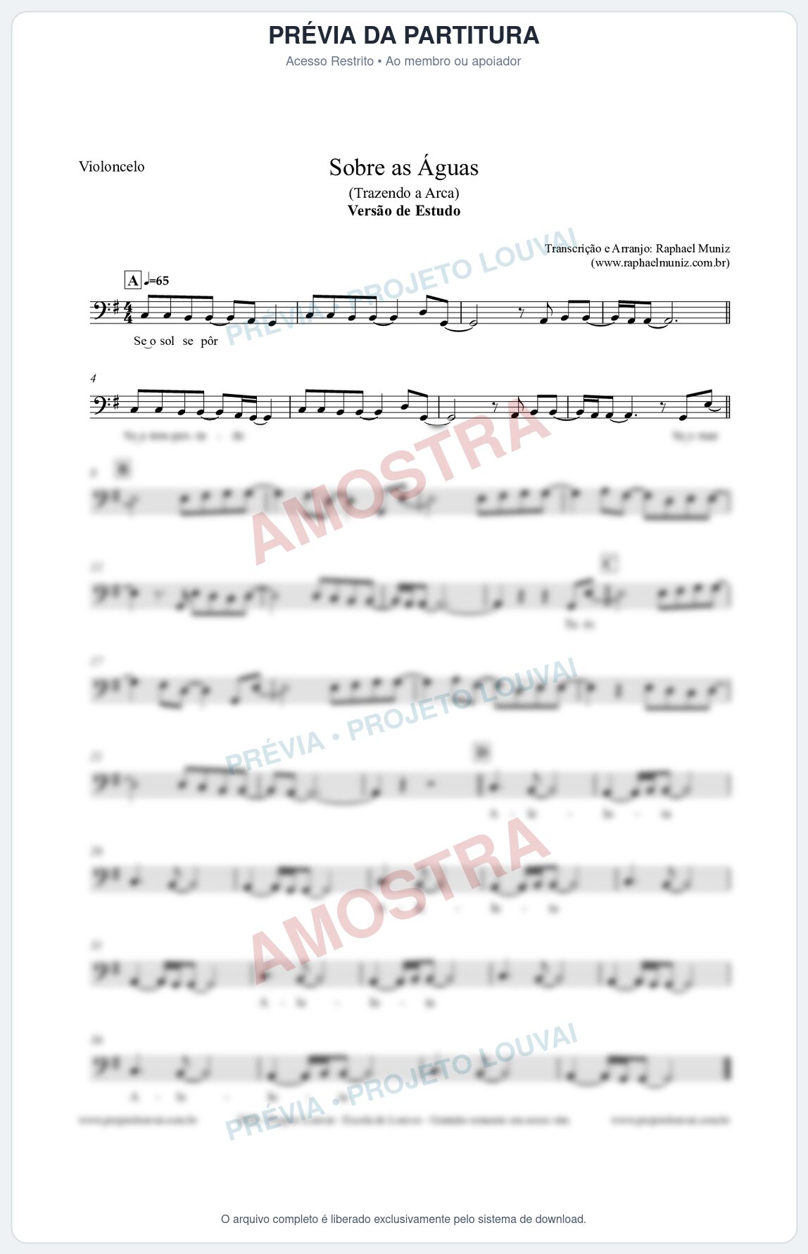 Prévia protegida da primeira página da partitura Partitura para Violoncelo - Sobre as Águas (Versão de Estudo) - Trazendo a Arca