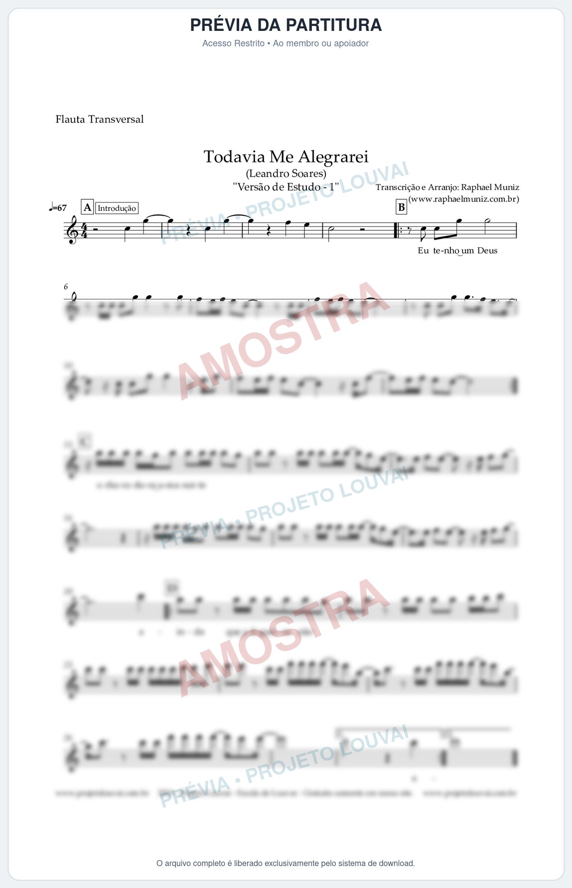 Prévia protegida da primeira página da partitura Partitura para Flauta Transversal - Todavia Me Alegrarei (Versão de Estudo) - Leandro Soares