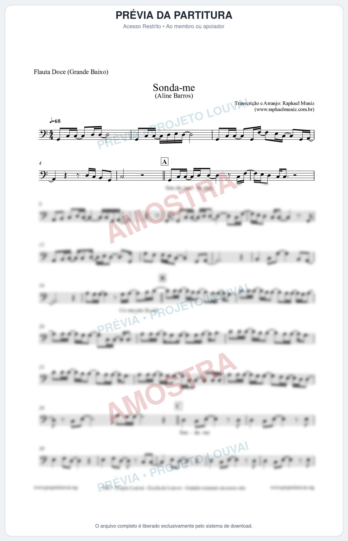 Prévia protegida da primeira página da partitura Partitura para Flauta Doce (Grande Baixo) - Sonda-me - Aline Barros