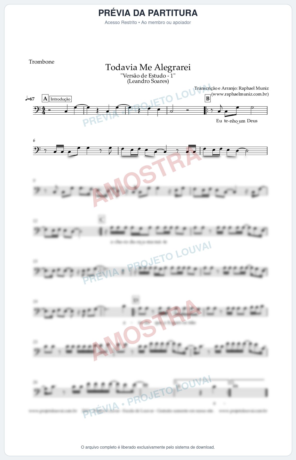Prévia protegida da primeira página da partitura Partitura para Trombone - Todavia Me Alegrarei (Versão de Estudo) - Leandro Soares