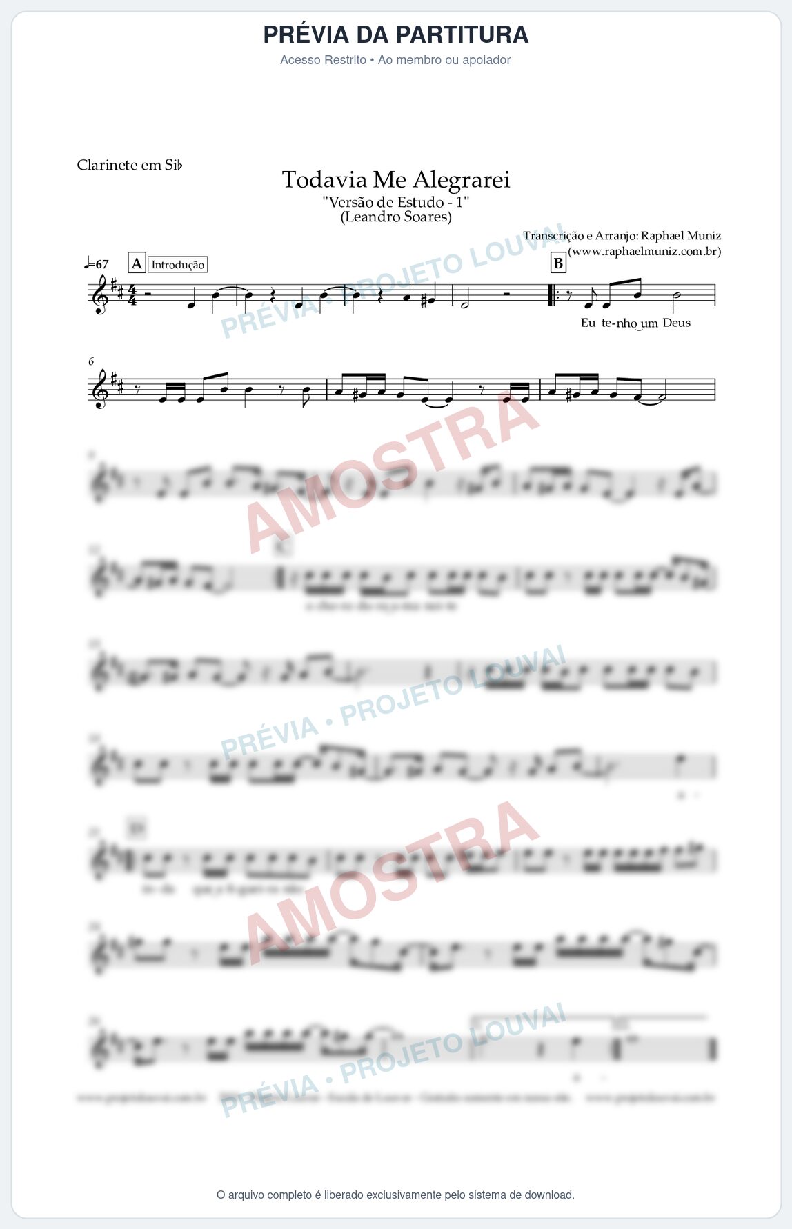 Prévia protegida da primeira página da partitura Partitura para Clarinete em Bb - Todavia Me Alegrarei (Versão de Estudo) - Leandro Soares