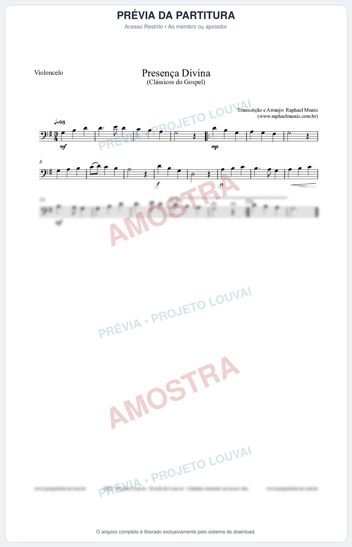 Prévia protegida da primeira página da partitura Partitura para Violoncelo - Presença Divina - Cantor Cristão nº5 - Clássicos do Gospel