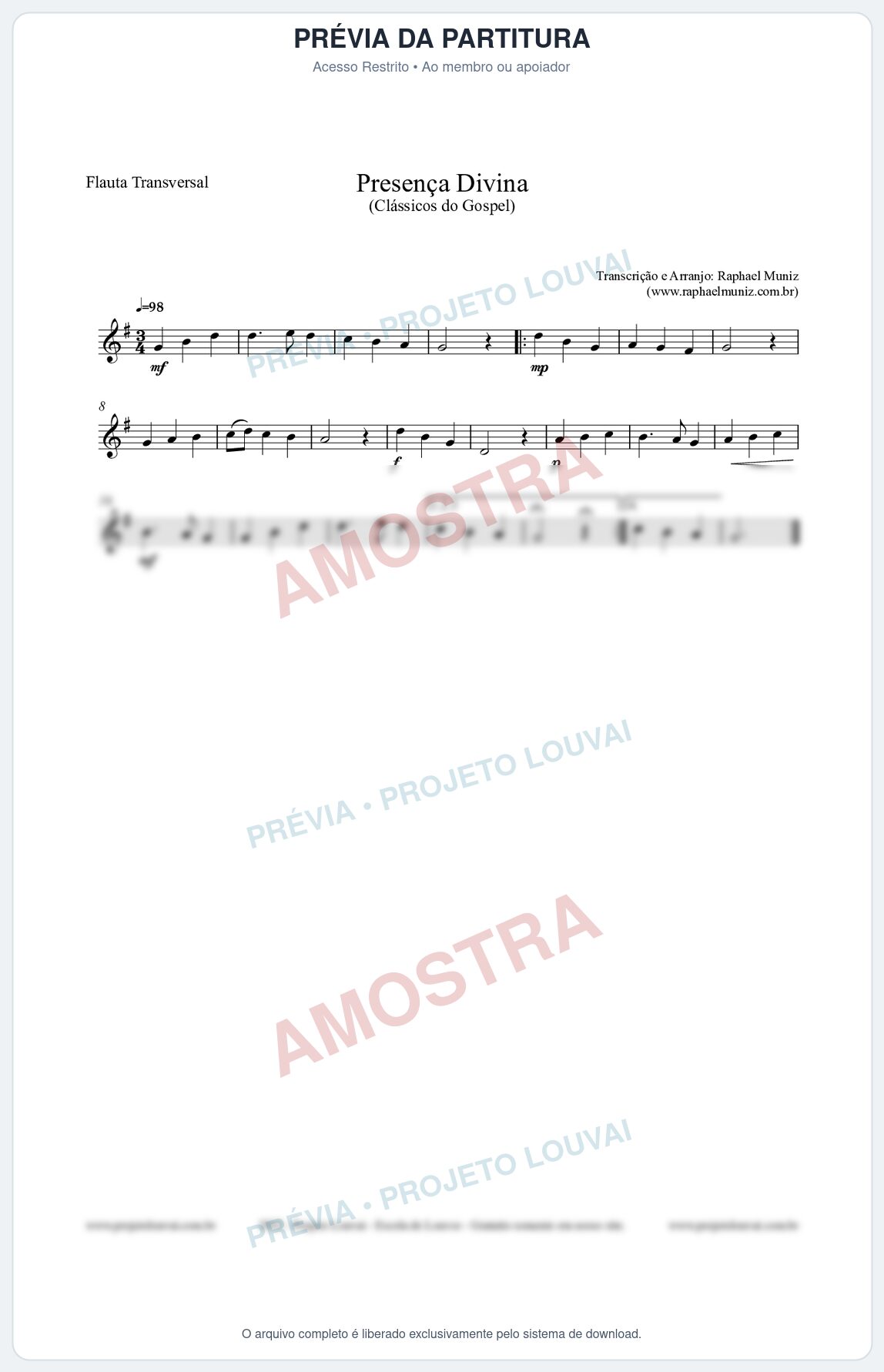 Prévia protegida da primeira página da partitura Partitura para Flauta Transversal - Presença Divina - Cantor Cristão nº5 - Clássicos do Gospel