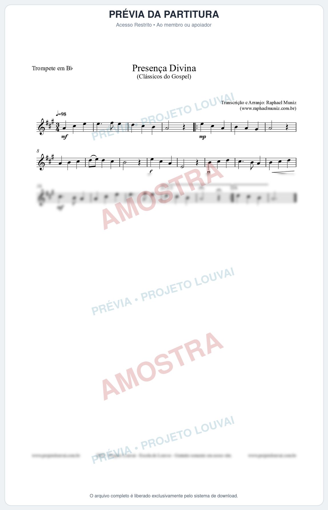 Prévia protegida da primeira página da partitura Partitura para Trompete em Bb - Presença Divina - Cantor Cristão nº5 - Clássicos do Gospel