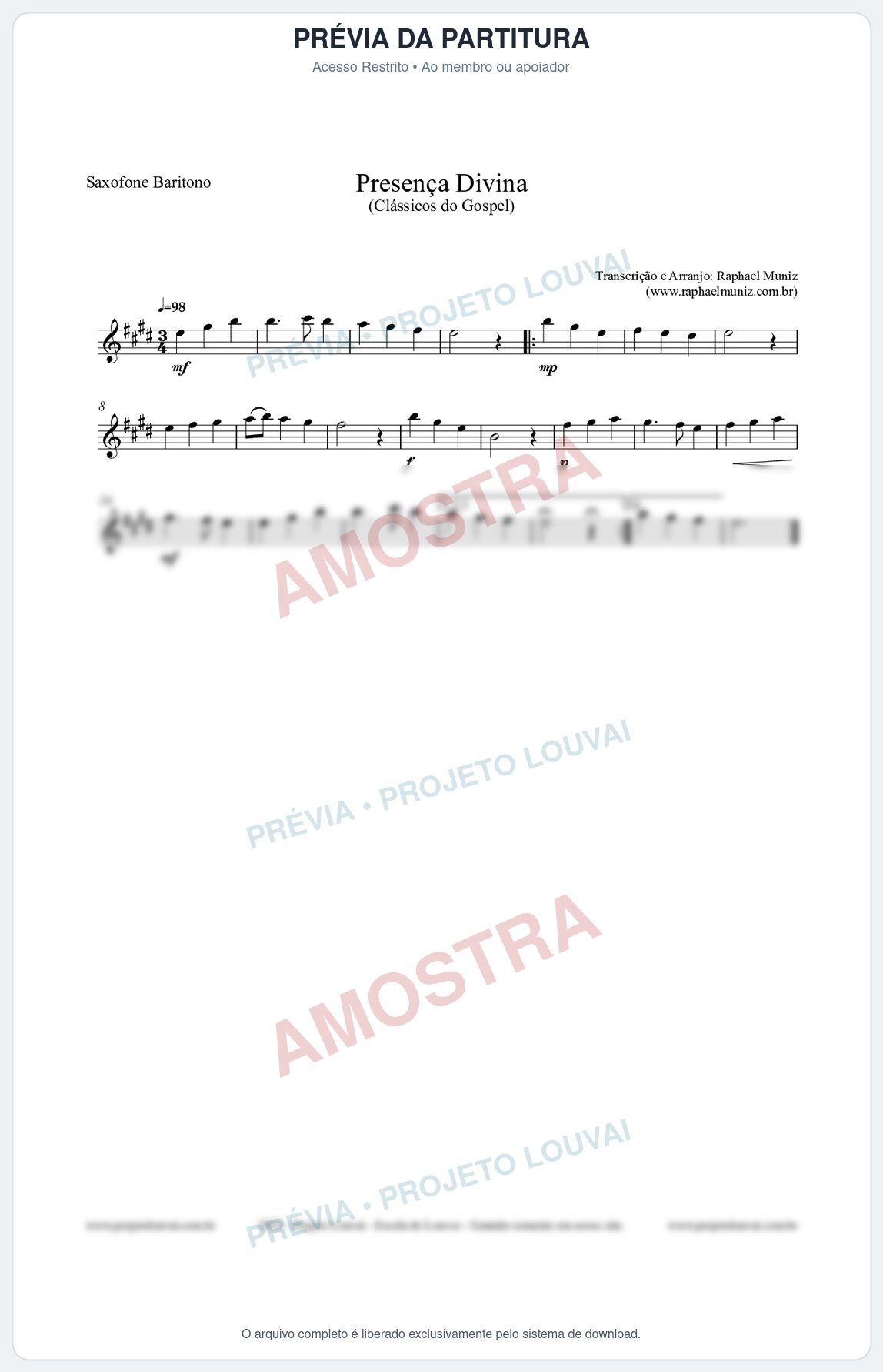 Prévia protegida da primeira página da partitura Partitura para Saxofone Barítono - Presença Divina - Cantor Cristão nº5 - Clássicos do Gospel