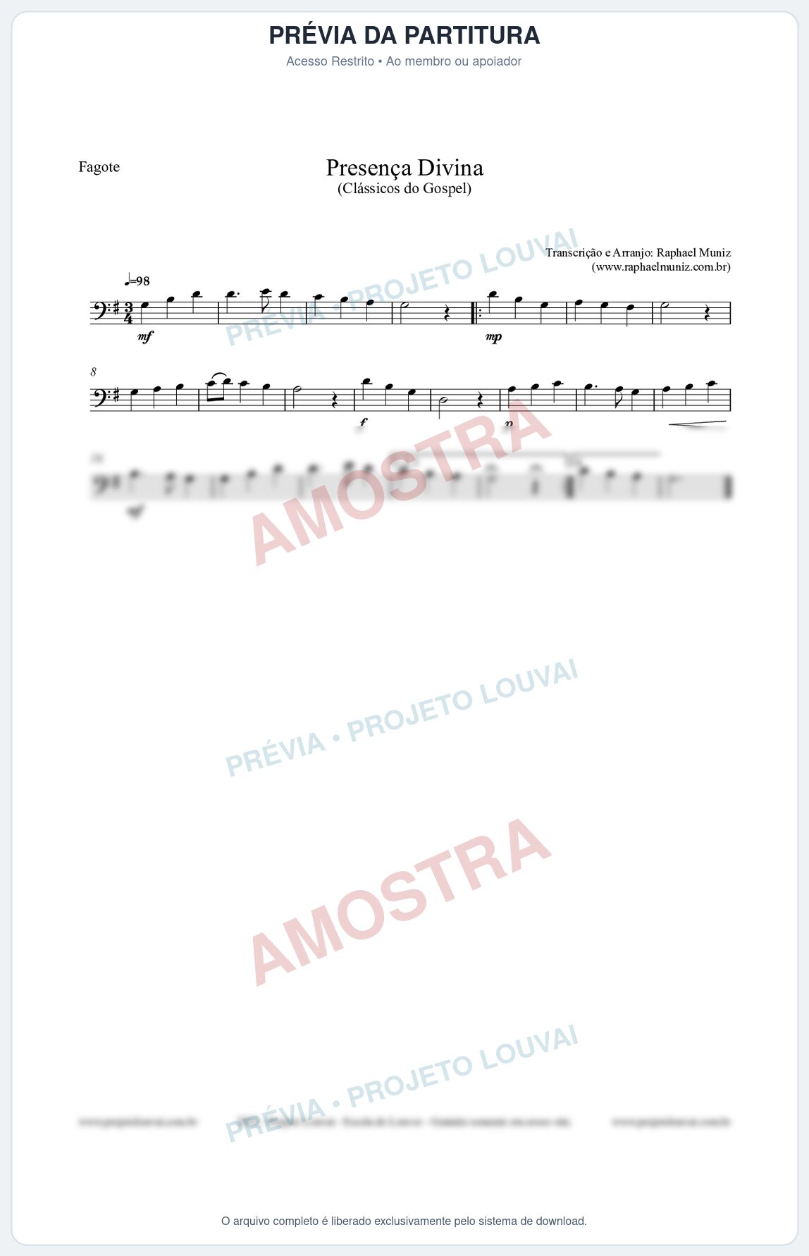 Prévia protegida da primeira página da partitura Partitura para Fagote - Presença Divina - Cantor Cristão nº5 - Clássicos do Gospel