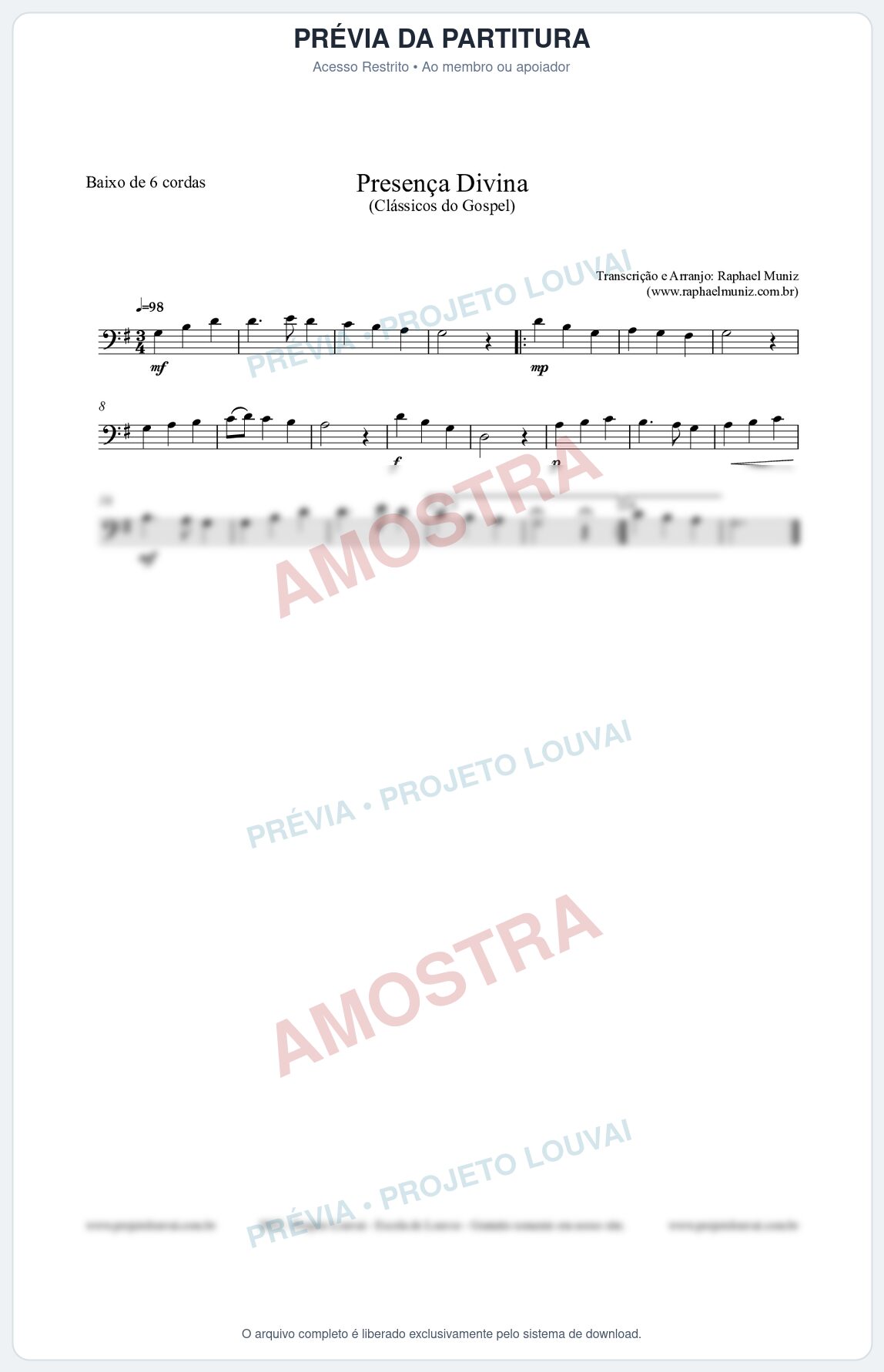 Prévia protegida da primeira página da partitura Partitura para Baixo de 6 cordas - Presença Divina - Cantor Cristão nº5 - Clássicos do Gospel