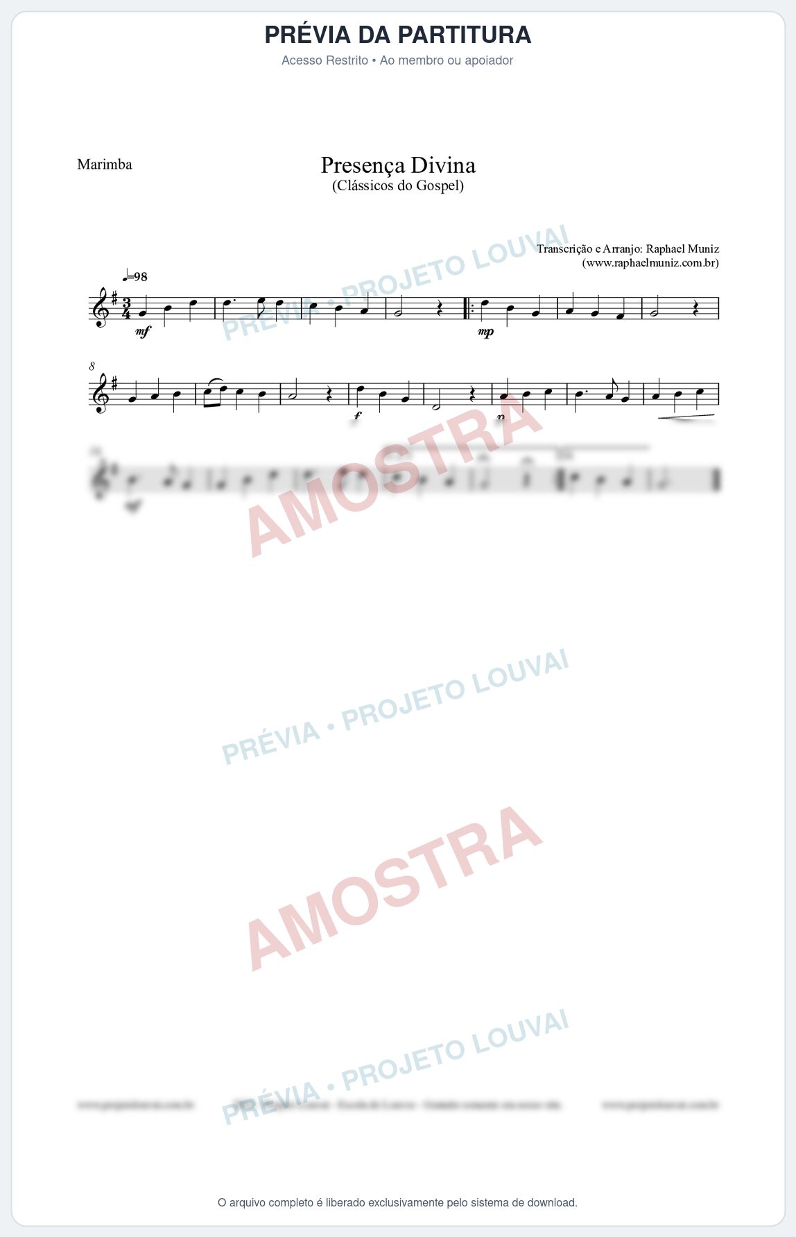 Prévia protegida da primeira página da partitura Partitura para Marimba - Presença Divina - Cantor Cristão nº5 - Clássicos do Gospel