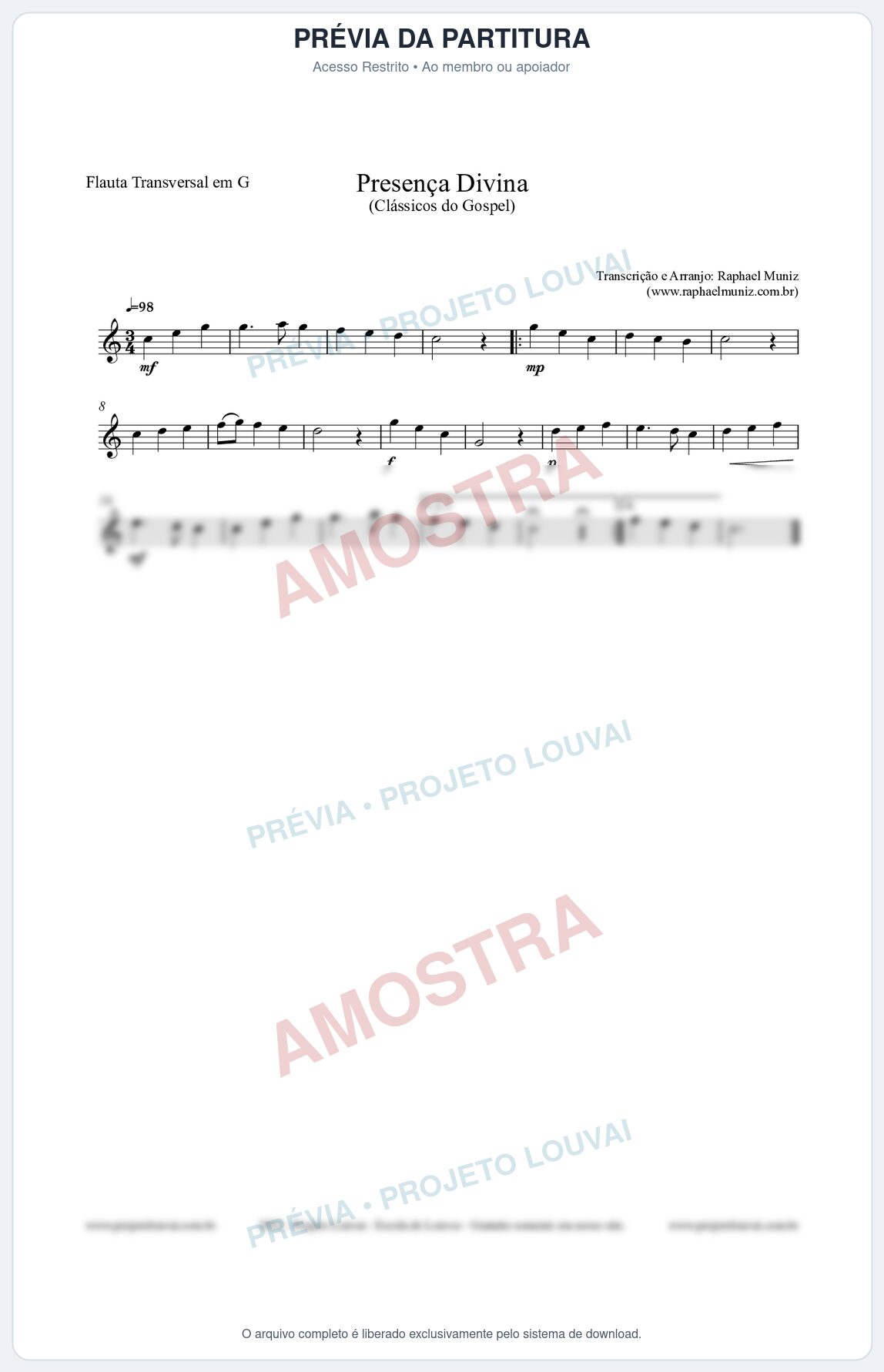 Prévia protegida da primeira página da partitura Partitura para Flauta Transversal em G - Presença Divina - Cantor Cristão nº5 - Clássicos do Gospel