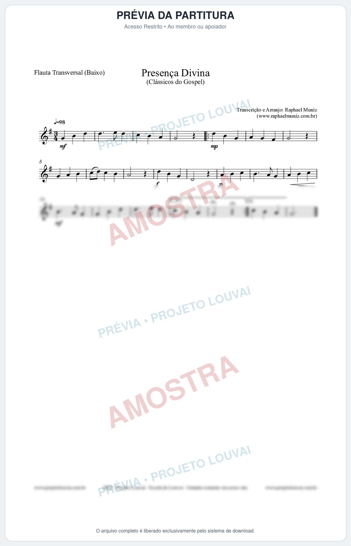 Prévia protegida da primeira página da partitura Partitura para Flauta Transversal (Baixo) - Presença Divina - Cantor Cristão nº5 - Clássicos do Gospel