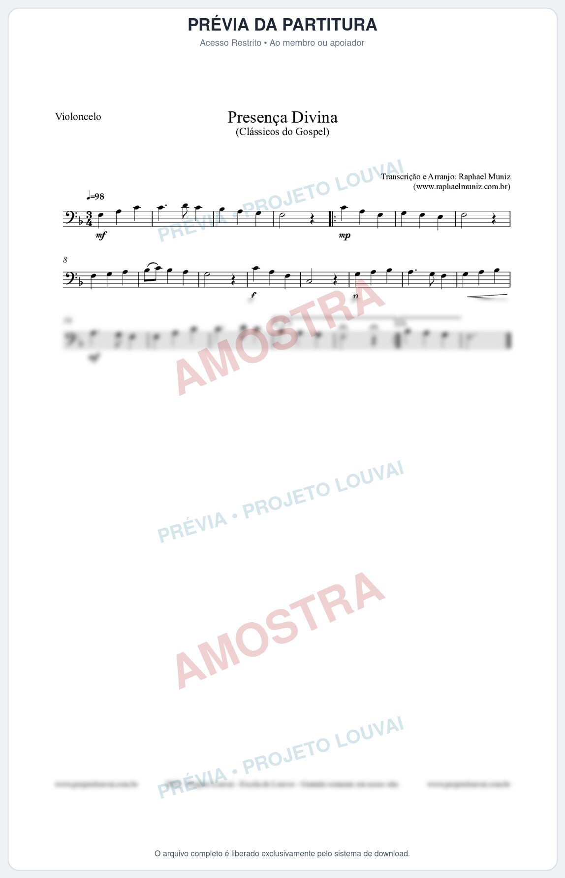 Prévia protegida da primeira página da partitura Partitura para Violoncelo - Presença Divina - Cantor Cristão nº5 - Clássicos do Gospel
