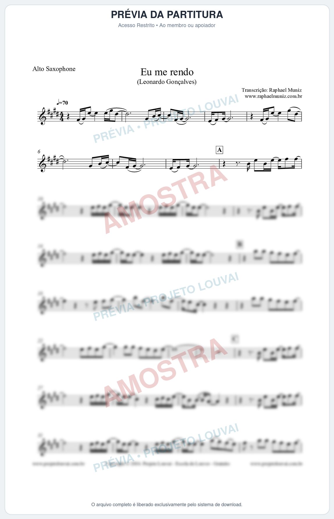 Prévia protegida da primeira página da partitura Partitura para Sax Alto - Eu me rendo - Leonardo Gonçalves