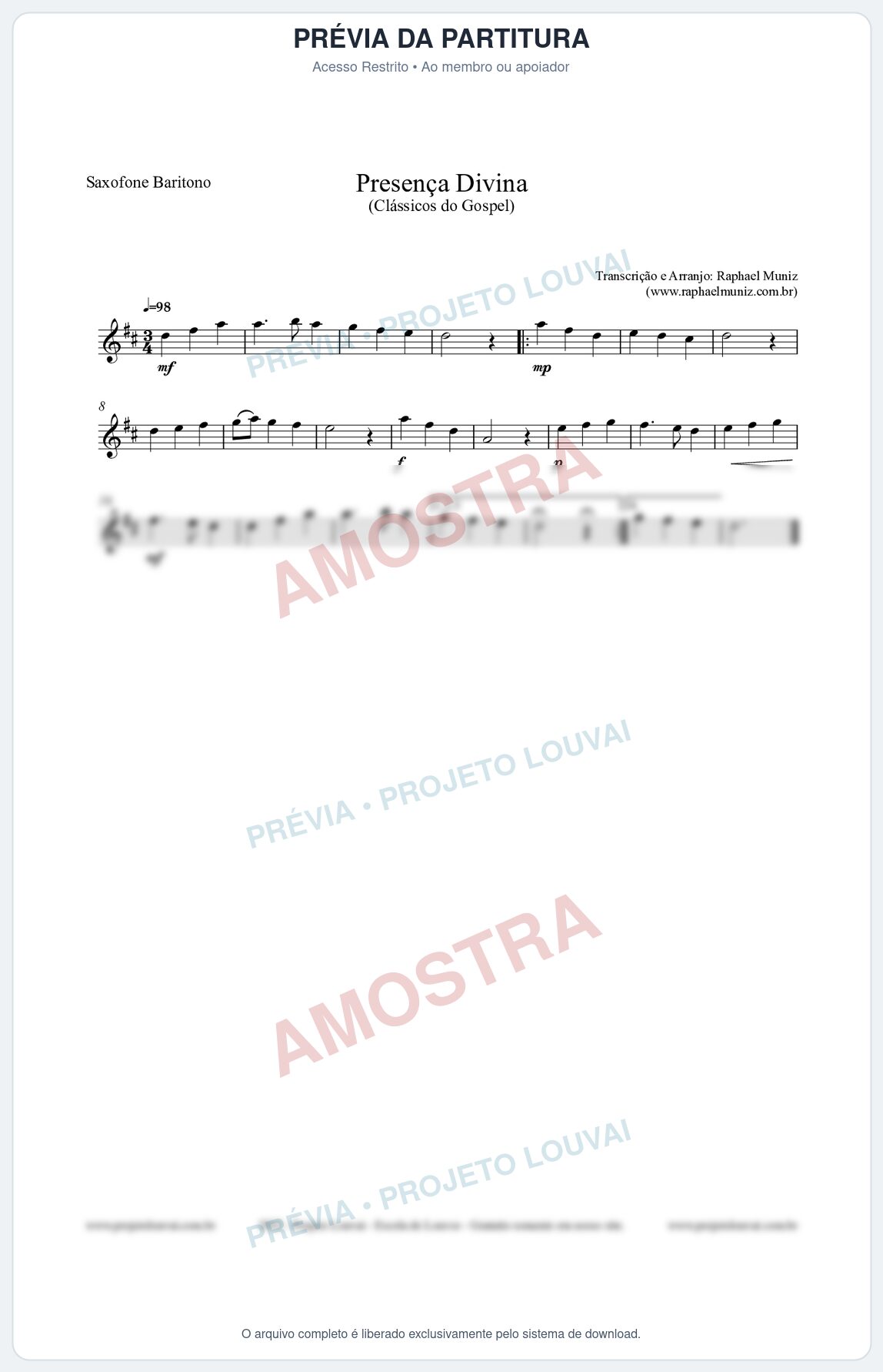 Prévia protegida da primeira página da partitura Partitura para Saxofone Barítono - Presença Divina - Cantor Cristão nº5 - Clássicos do Gospel
