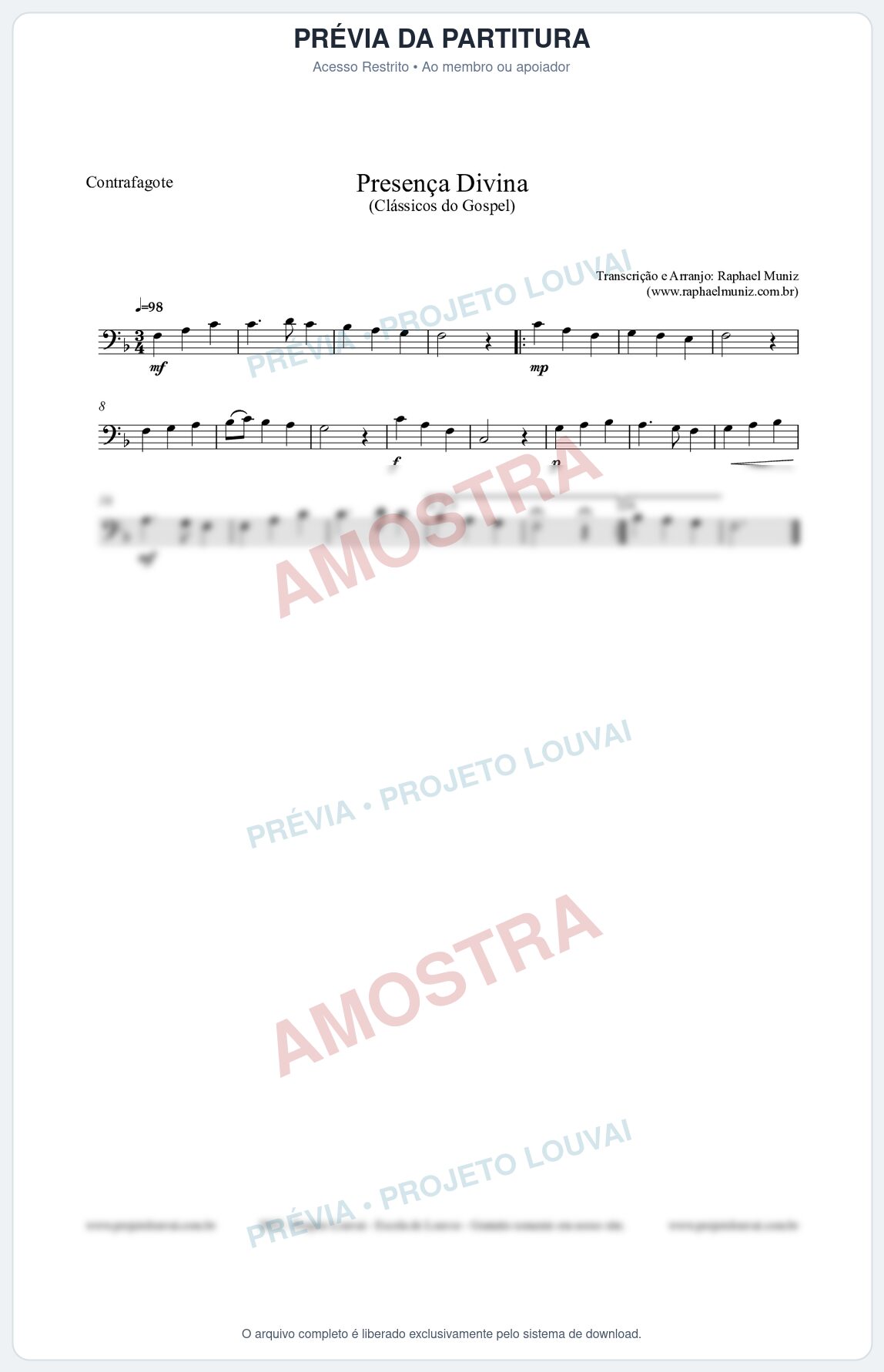 Prévia protegida da primeira página da partitura Partitura para Contrafagote - Presença Divina - Cantor Cristão nº5 - Clássicos do Gospel