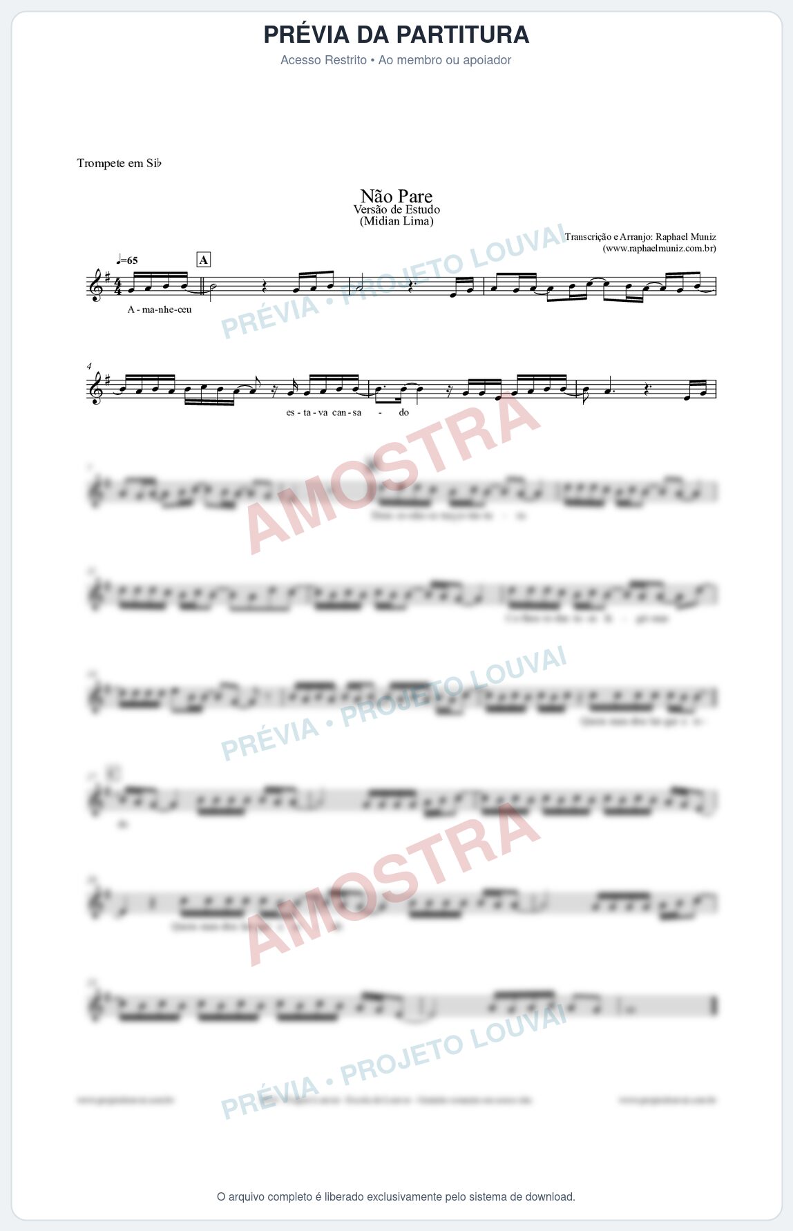 Prévia protegida da primeira página da partitura Partitura para Trompete em Bb - Não Pare (Versão de Estudo) - Midian Lima