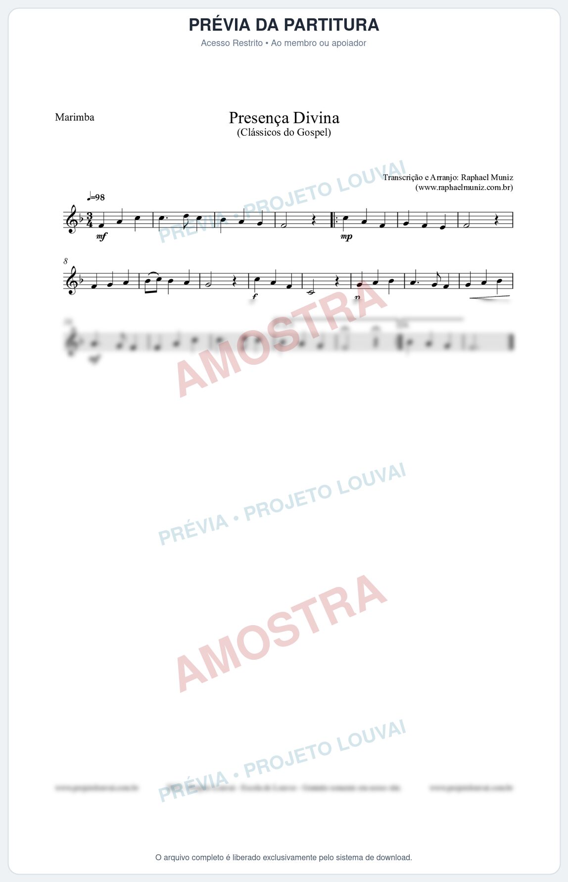Prévia protegida da primeira página da partitura Partitura para Marimba - Presença Divina - Cantor Cristão nº5 - Clássicos do Gospel