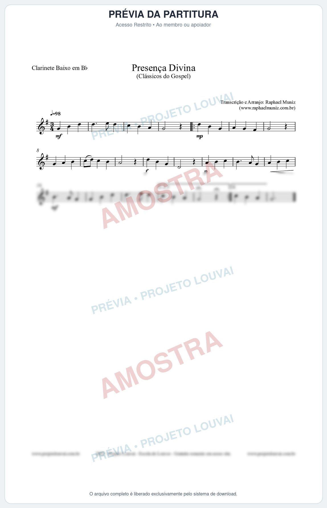 Prévia protegida da primeira página da partitura Partitura para Clarinete Baixo em Bb - Presença Divina - Cantor Cristão nº5 - Clássicos do Gospel