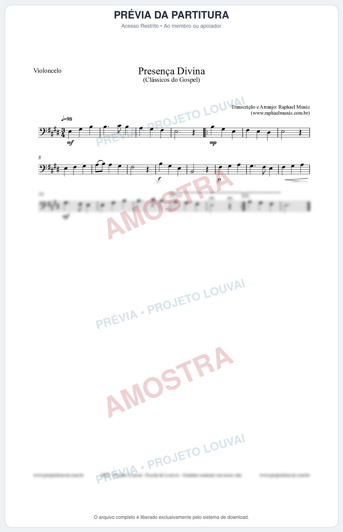Prévia protegida da primeira página da partitura Partitura para Violoncelo - Presença Divina - Cantor Cristão nº5 - Clássicos do Gospel