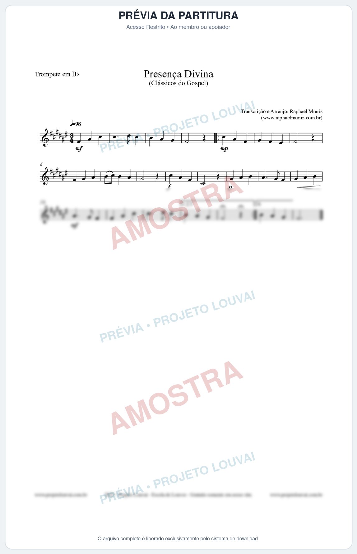 Prévia protegida da primeira página da partitura Partitura para Trompete em Bb - Presença Divina - Cantor Cristão nº5 - Clássicos do Gospel