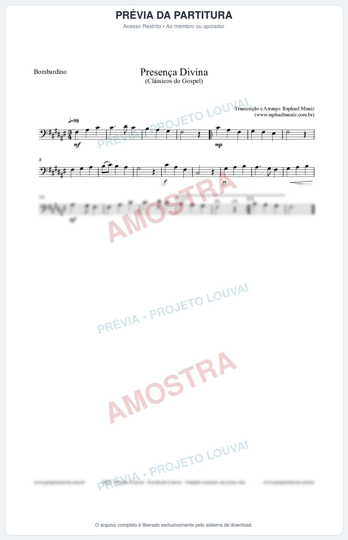 Prévia protegida da primeira página da partitura Partitura para Bombardino - Presença Divina - Cantor Cristão nº5 - Clássicos do Gospel