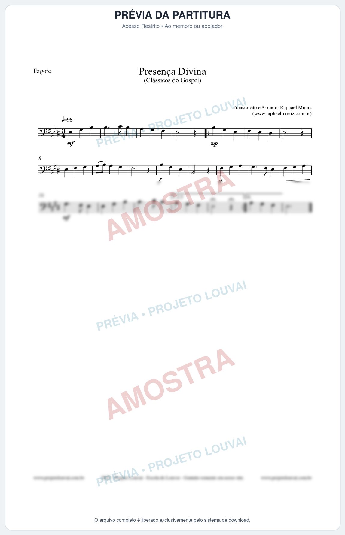 Prévia protegida da primeira página da partitura Partitura para Fagote - Presença Divina - Cantor Cristão nº5 - Clássicos do Gospel