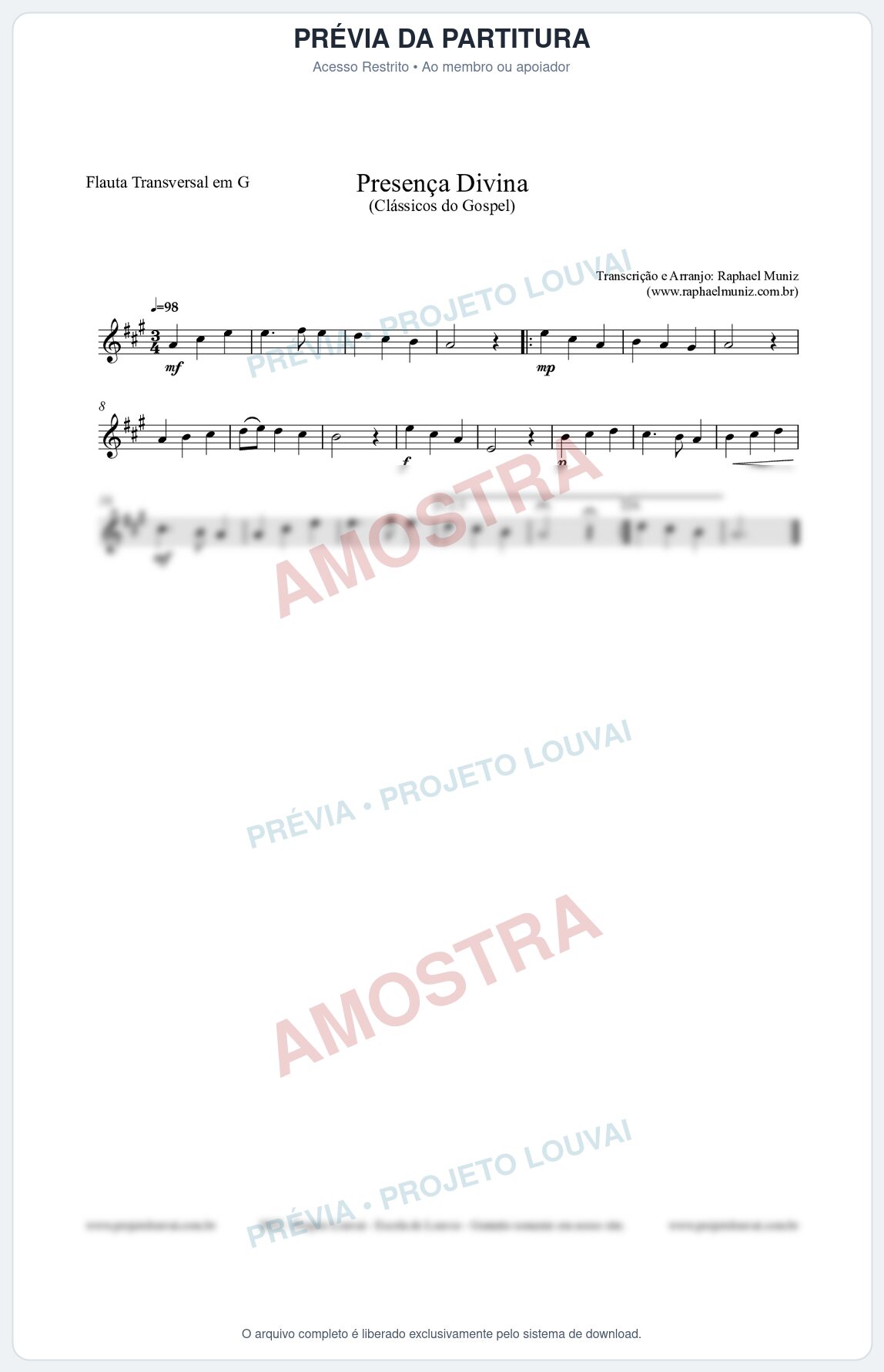 Prévia protegida da primeira página da partitura Partitura para Flauta Transversal em G - Presença Divina - Cantor Cristão nº5 - Clássicos do Gospel