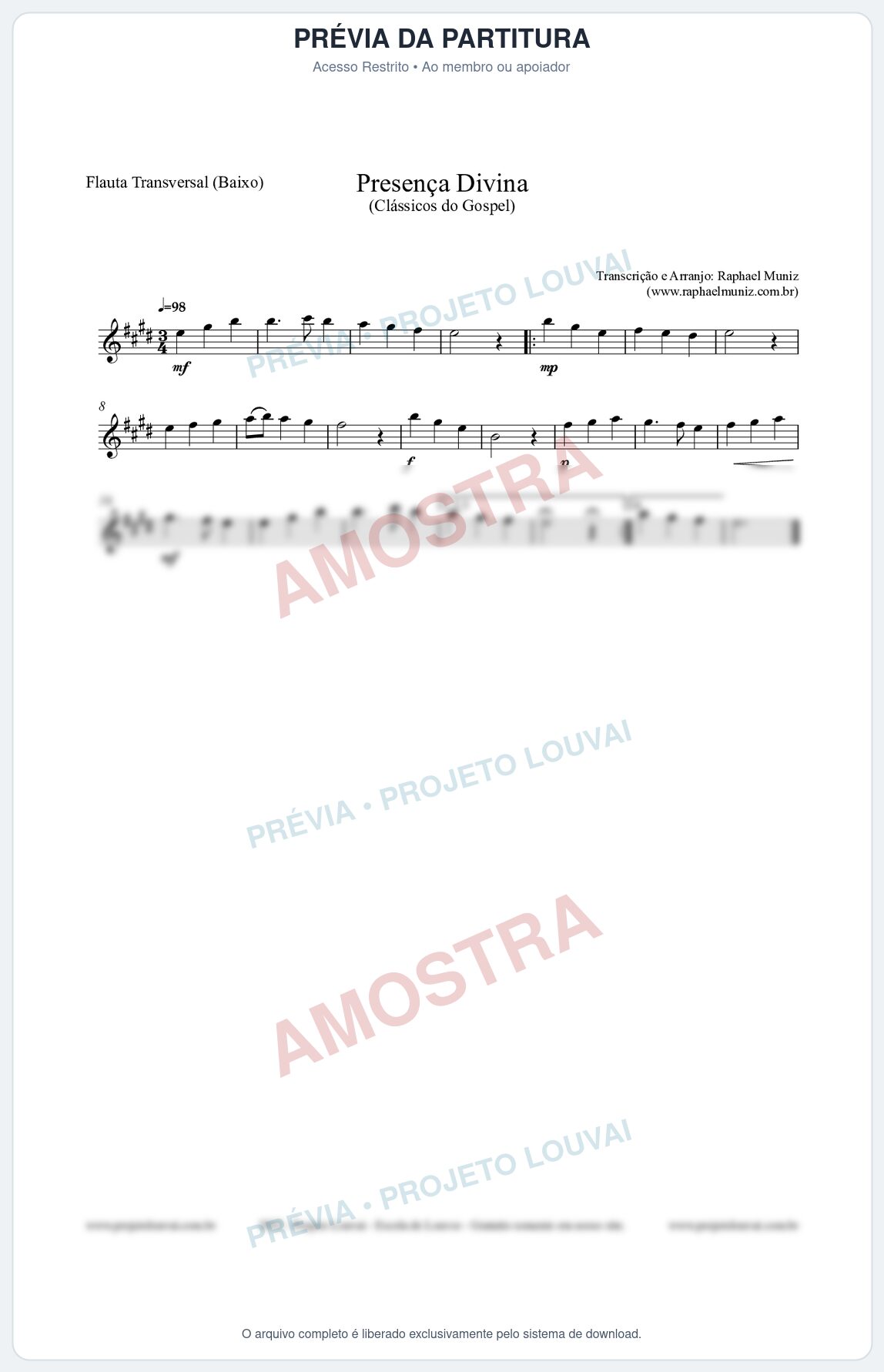 Prévia protegida da primeira página da partitura Partitura para Flauta Transversal (Baixo) - Presença Divina - Cantor Cristão nº5 - Clássicos do Gospel