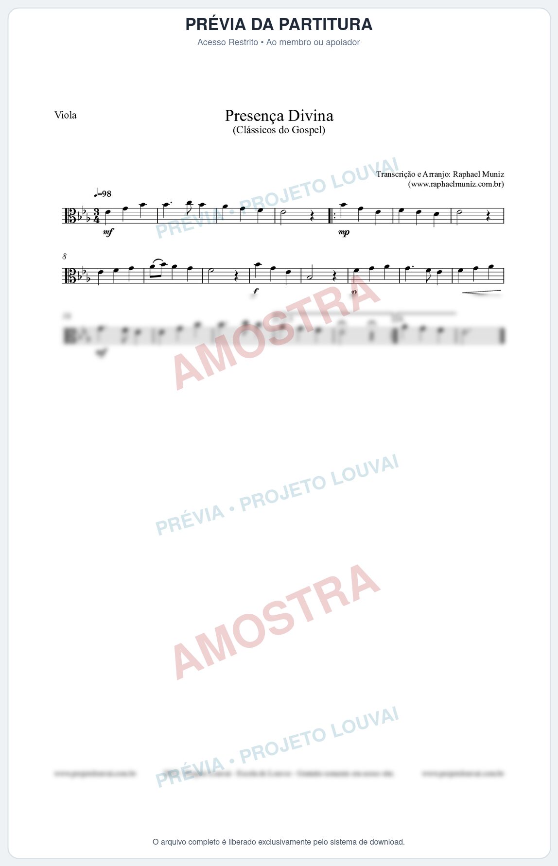 Prévia protegida da primeira página da partitura Partitura para Viola - Presença Divina - Cantor Cristão nº5 - Clássicos do Gospel