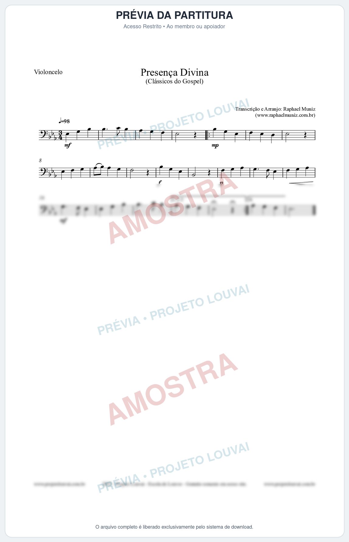 Prévia protegida da primeira página da partitura Partitura para Violoncelo - Presença Divina - Cantor Cristão nº5 - Clássicos do Gospel