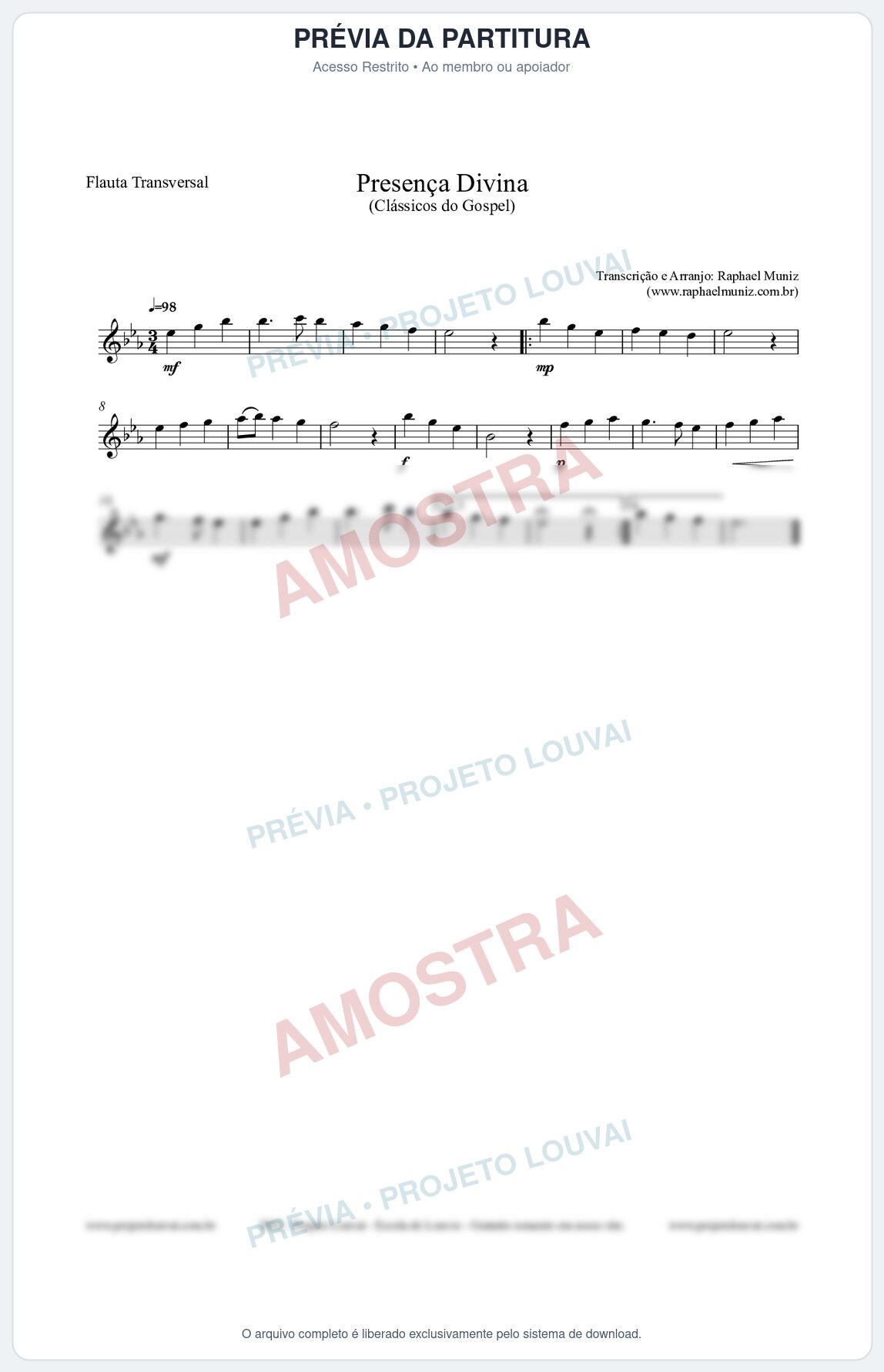 Prévia protegida da primeira página da partitura Partitura para Flauta Transversal - Presença Divina - Cantor Cristão nº5 - Clássicos do Gospel