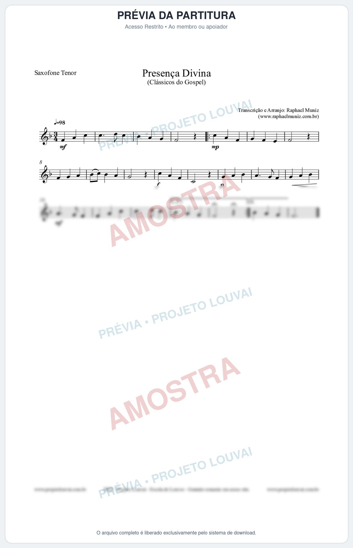 Prévia protegida da primeira página da partitura Partitura para Saxofone Tenor - Presença Divina - Cantor Cristão nº5 - Clássicos do Gospel