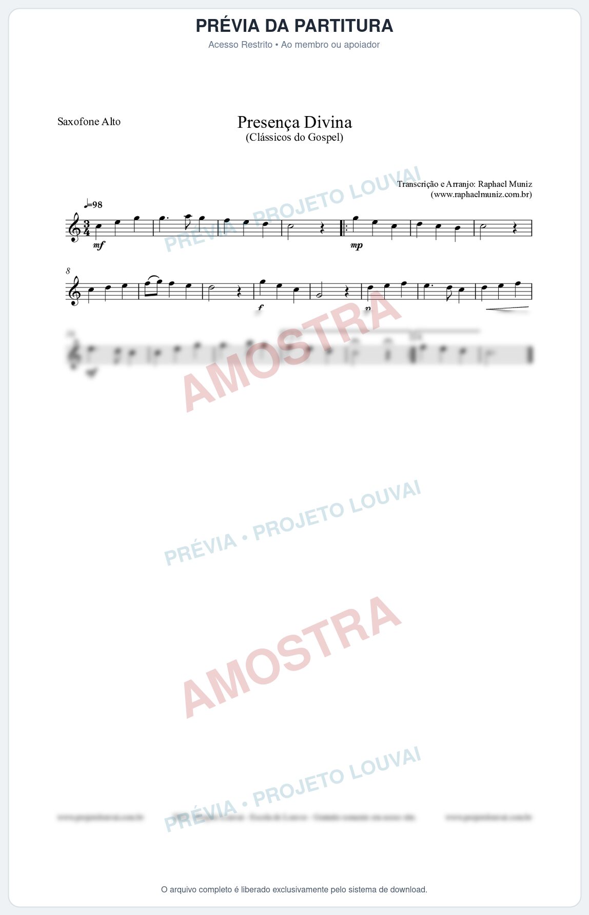 Prévia protegida da primeira página da partitura Partitura para Saxofone Alto - Presença Divina - Cantor Cristão nº5 - Clássicos do Gospel
