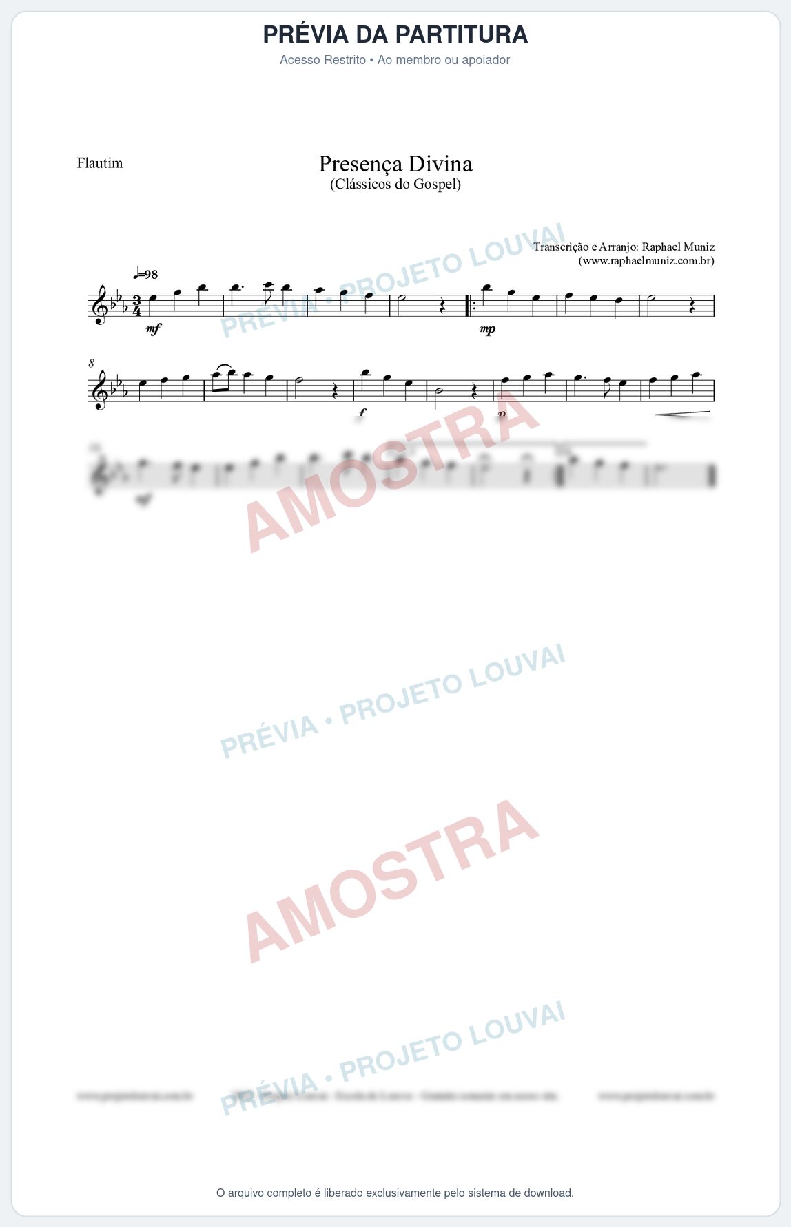 Prévia protegida da primeira página da partitura Partitura para Flautim - Presença Divina - Cantor Cristão nº5 - Clássicos do Gospel