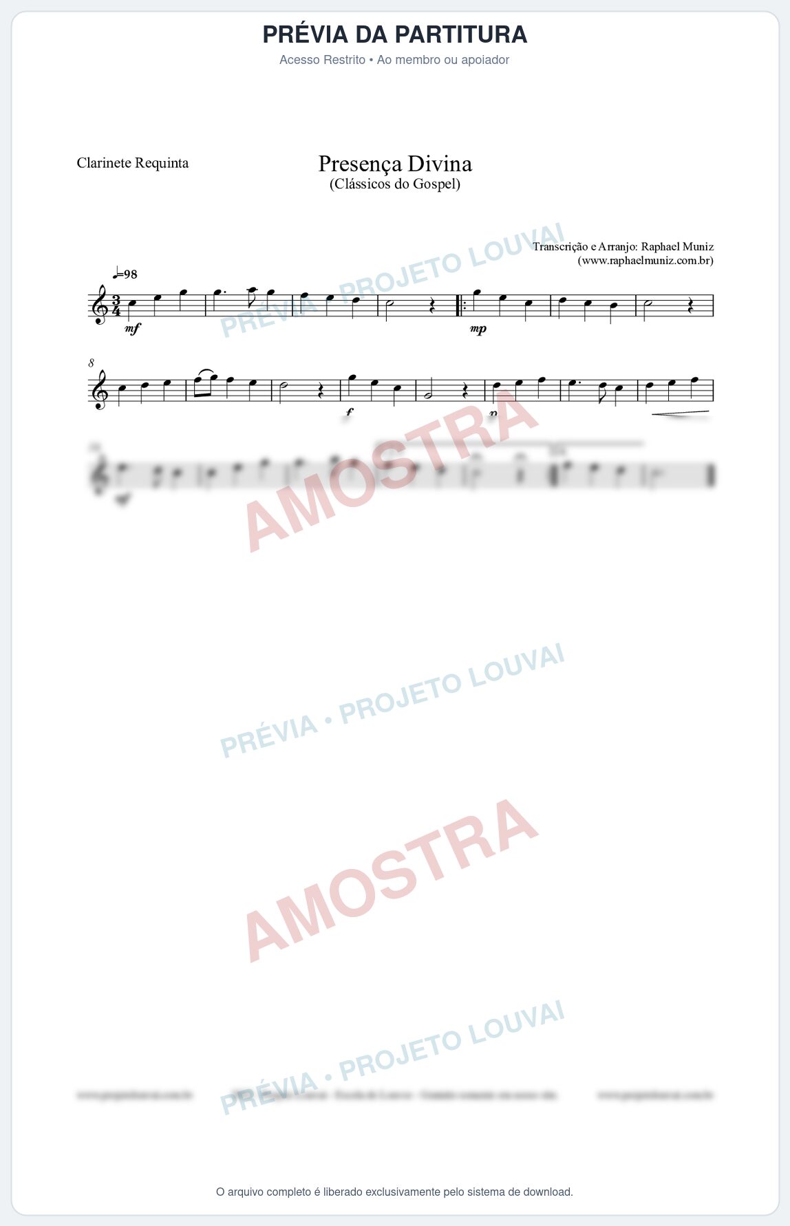 Prévia protegida da primeira página da partitura Partitura para Clarinete Requinta - Presença Divina - Cantor Cristão nº5 - Clássicos do Gospel