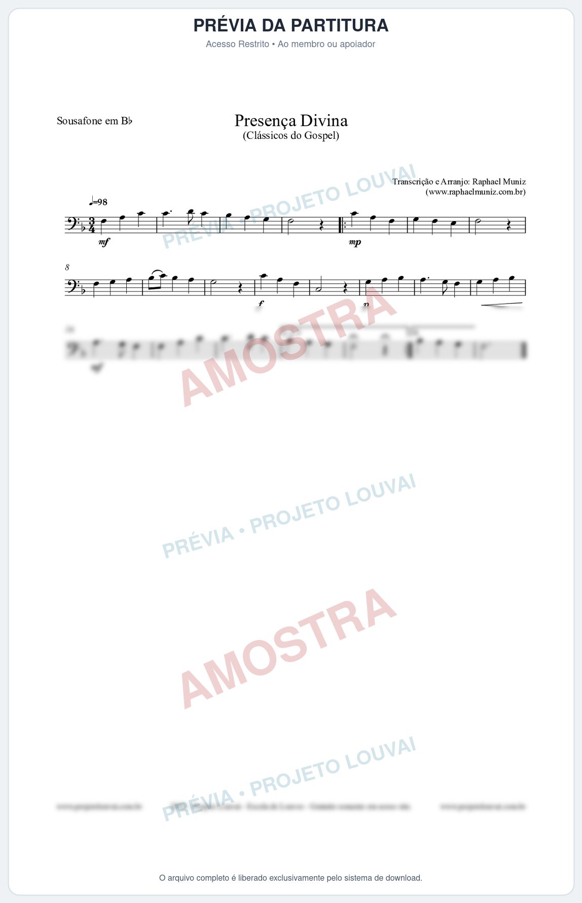 Prévia protegida da primeira página da partitura Partitura para Sousafone em Bb - Presença Divina - Cantor Cristão nº5 - Clássicos do Gospel