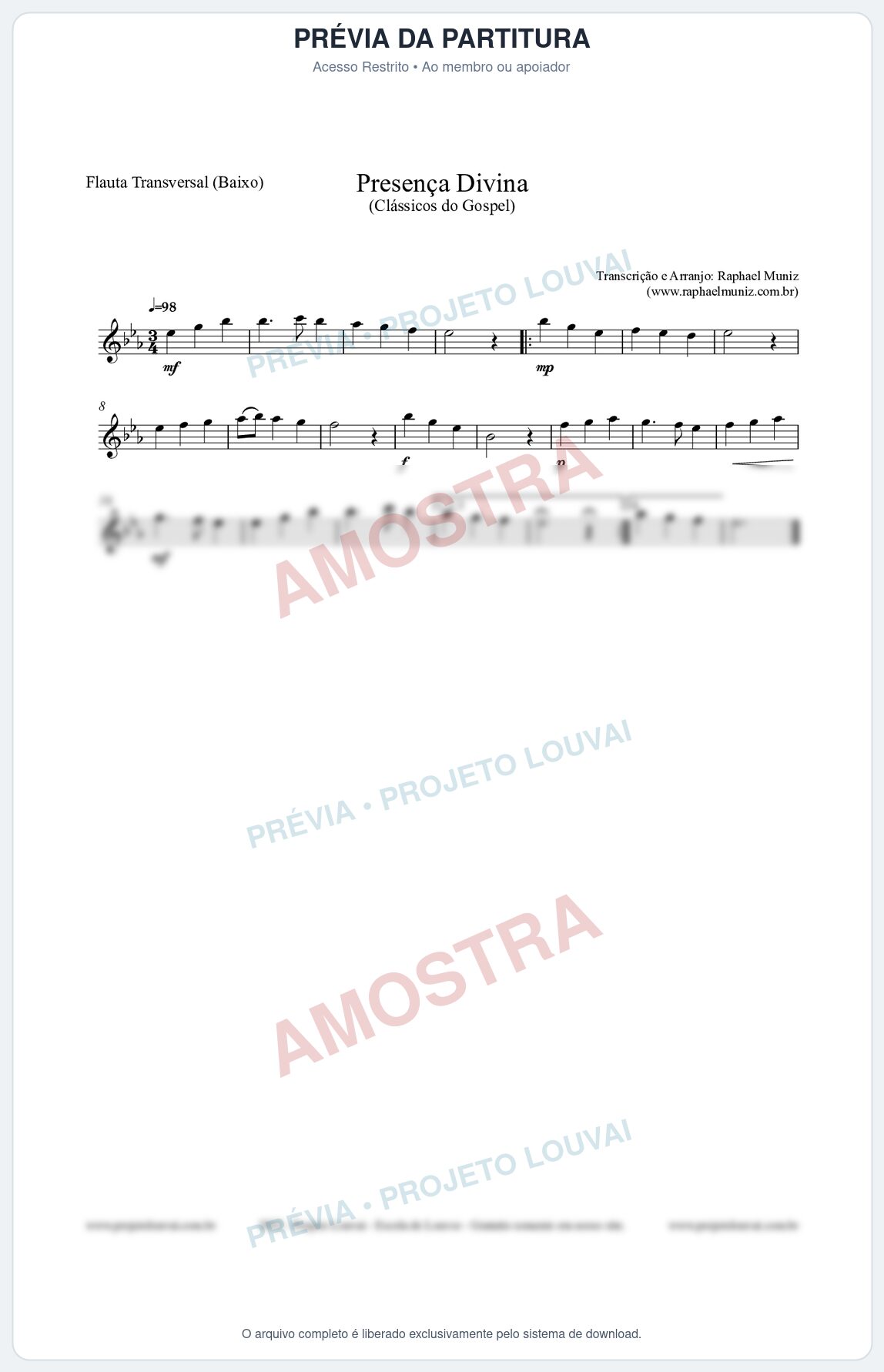 Prévia protegida da primeira página da partitura Partitura para Flauta Transversal (Baixo) - Presença Divina - Cantor Cristão nº5 - Clássicos do Gospel