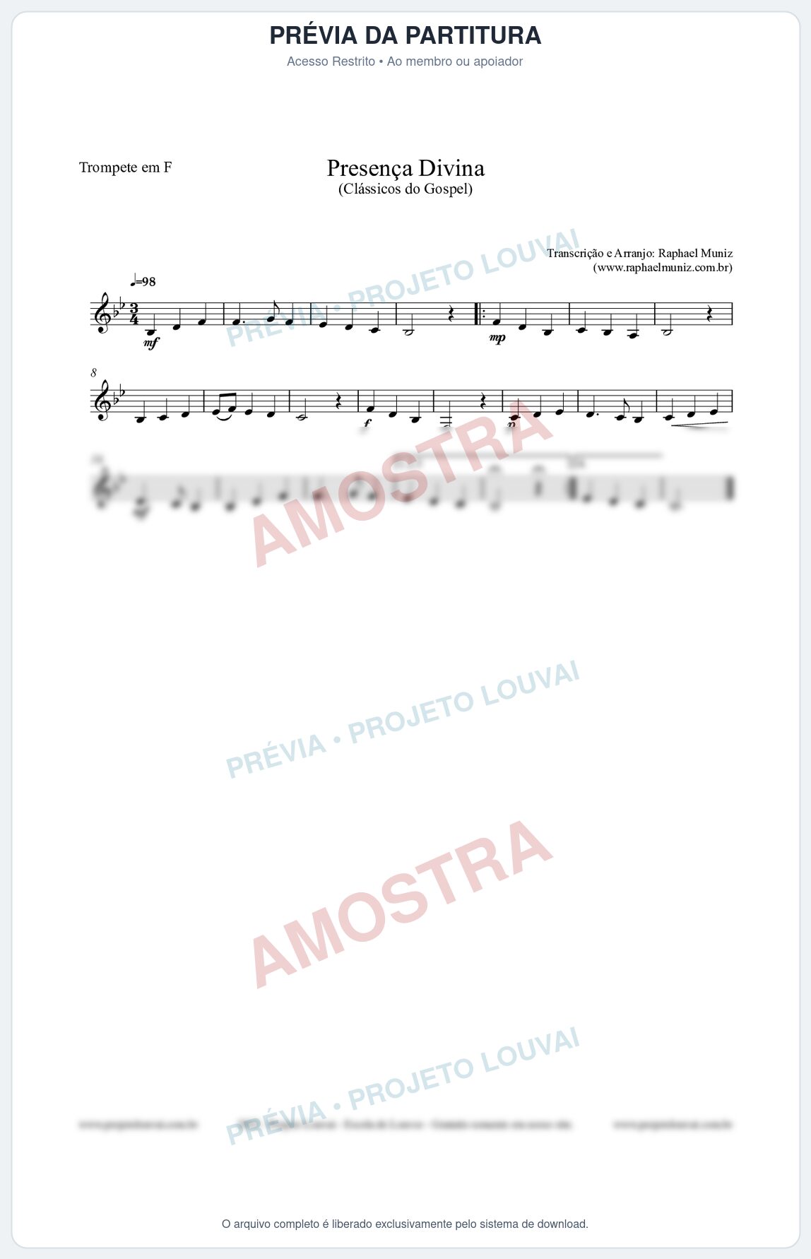 Prévia protegida da primeira página da partitura Partitura para Trompete em F - Presença Divina - Cantor Cristão nº5 - Clássicos do Gospel