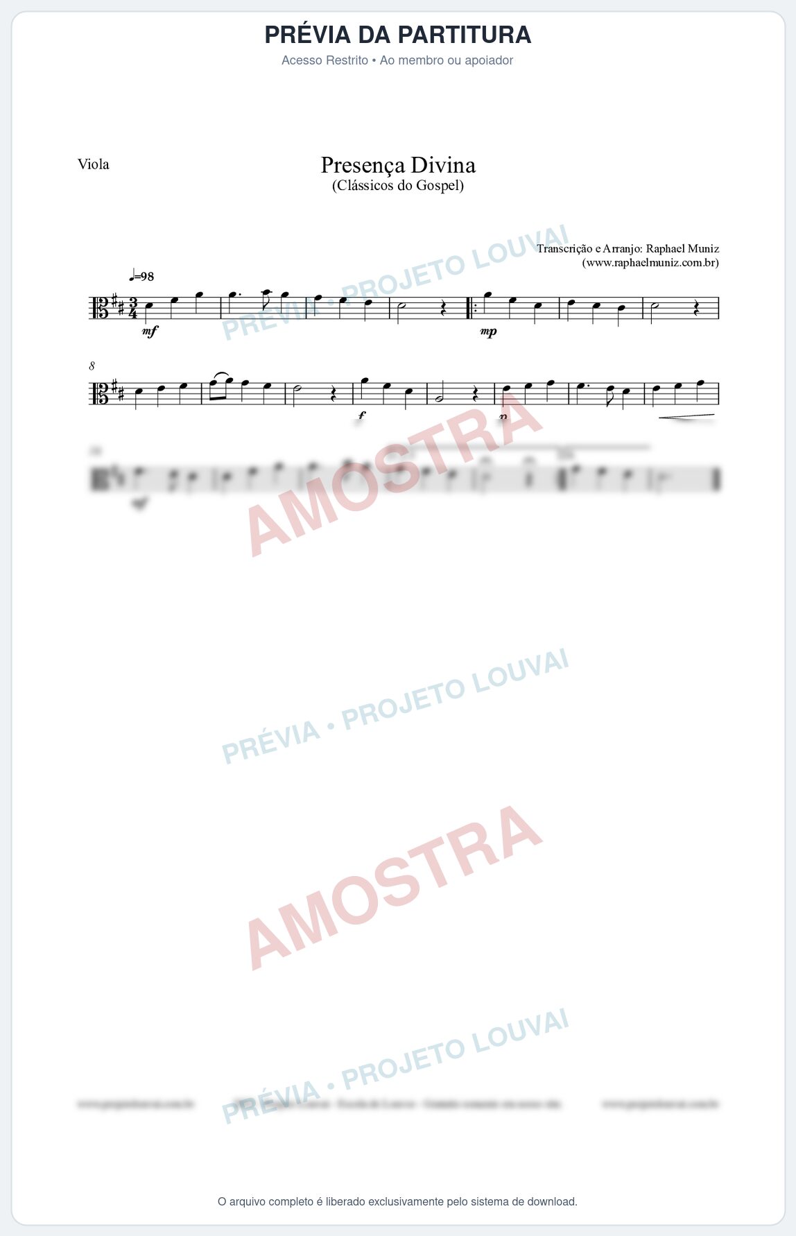 Prévia protegida da primeira página da partitura Partitura para Viola - Presença Divina - Cantor Cristão nº5 - Clássicos do Gospel