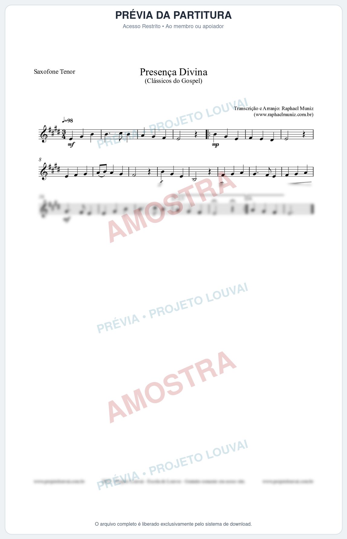 Prévia protegida da primeira página da partitura Partitura para Saxofone Tenor - Presença Divina - Cantor Cristão nº5 - Clássicos do Gospel